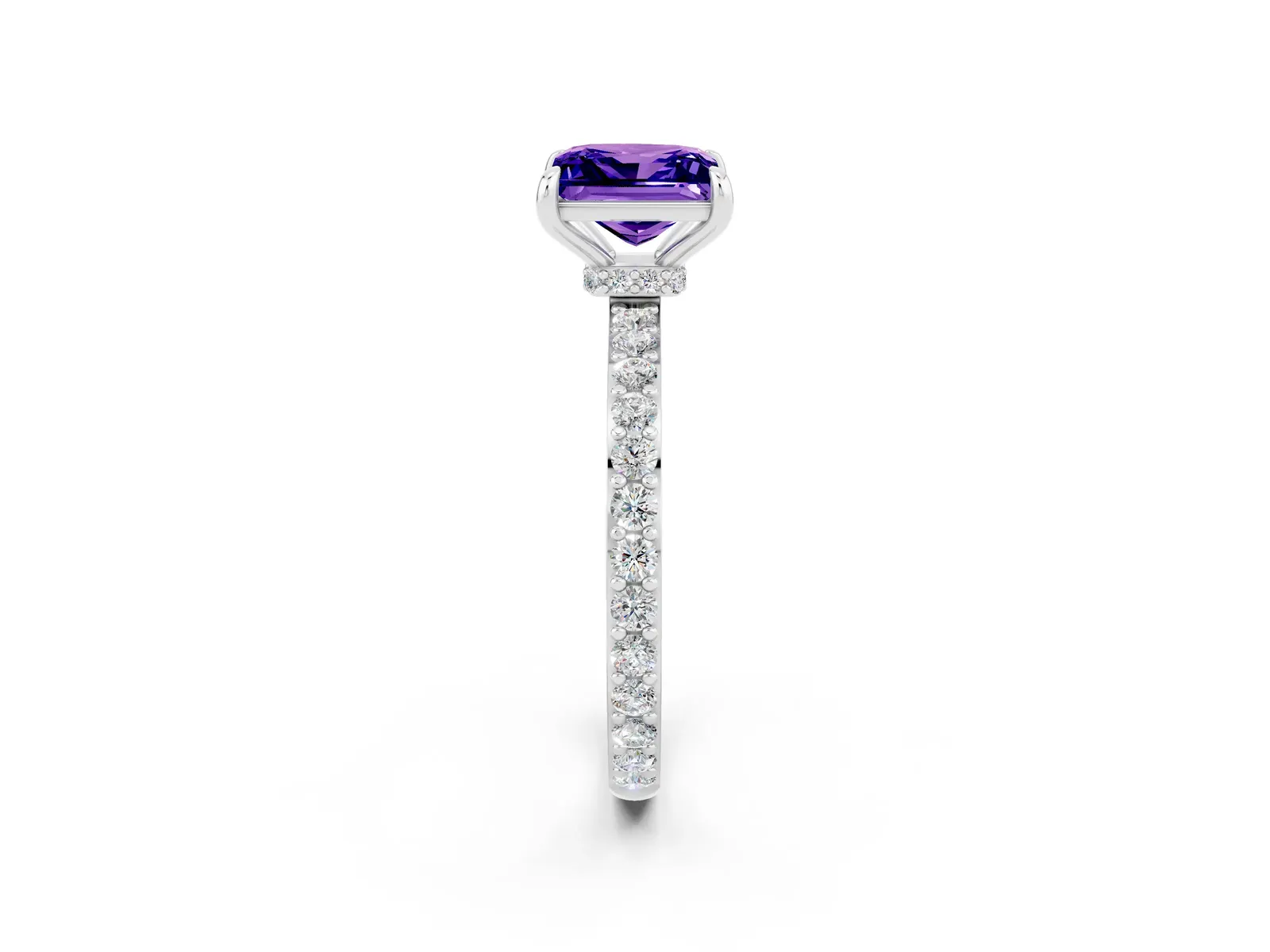 Princess Cut Tanzanite Solitaire Engagement Ring with Pavé Band and Four-Prong Setting Platinum
