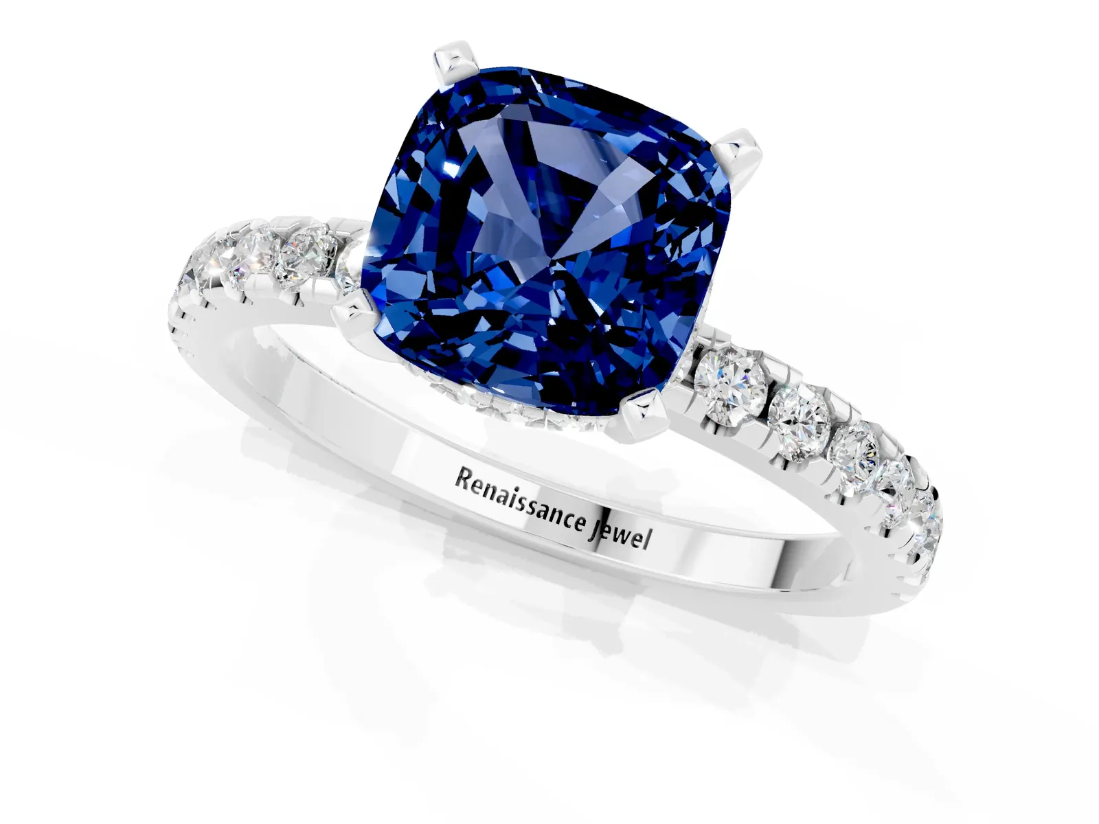 Cushion Cut Blue Sapphire Solitaire Ring with Round Pavé Band and Four-Prong Setting Platinum