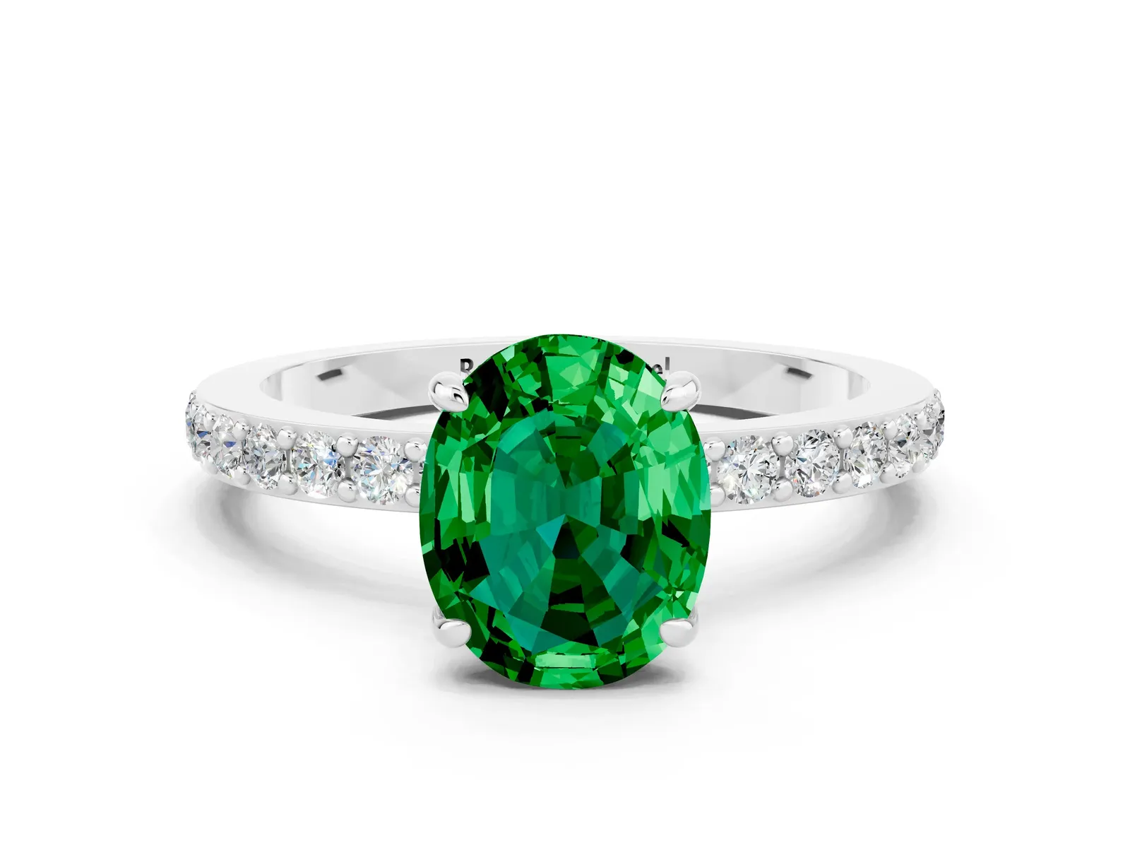 Oval Cut Emerald Solitaire Engagement Ring with Pavé Band and Four-Prong Setting Platinum