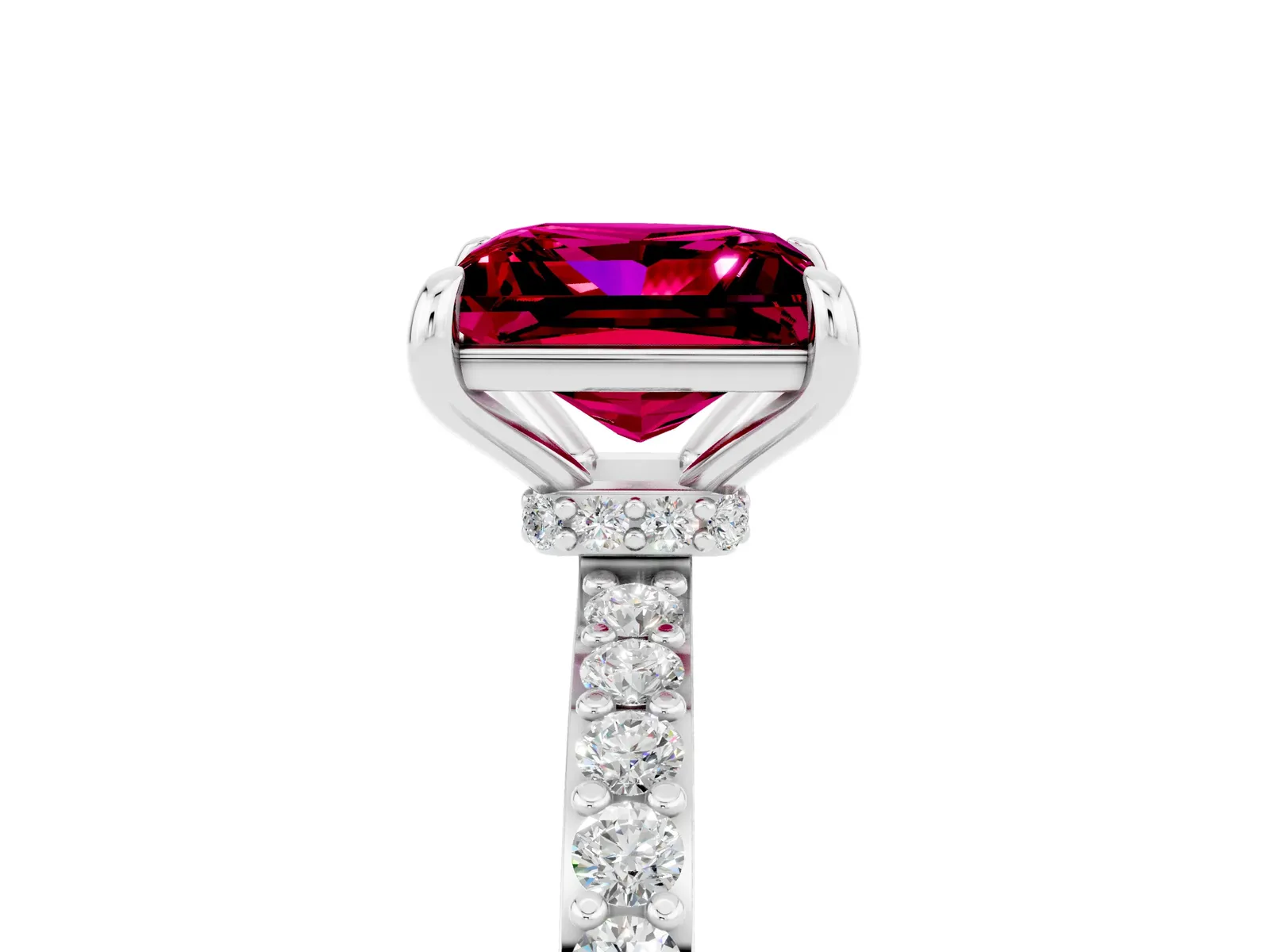 Princess Cut Garnet Solitaire Engagement Ring with Pavé Band and Four-Prong Setting Platinum