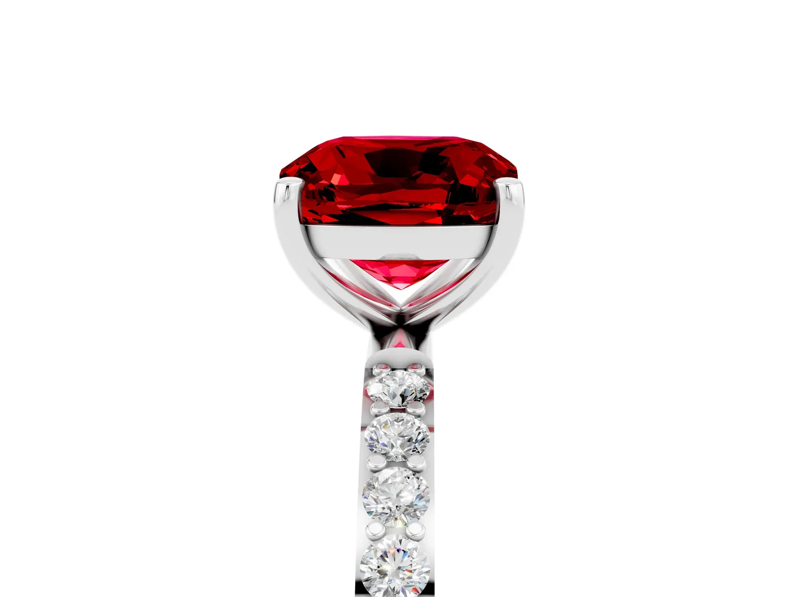 Cushion Cut Ruby Solitaire Ring with Round Pavé Band and Prong Setting Platinum