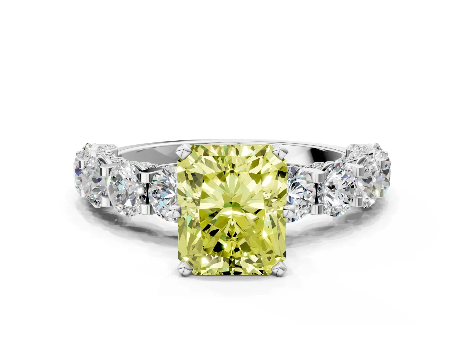 Fancy Yellow Radiant Cut Diamond Side Stone Engagement Ring with Four-Prong Setting Silver