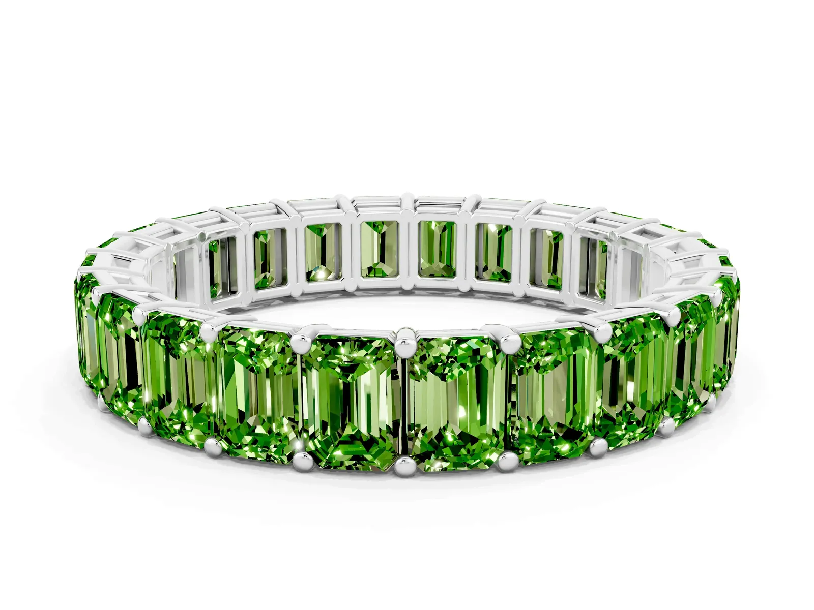 Emerald Cut Peridot Eternity Band with Shared Prong Setting Platinum