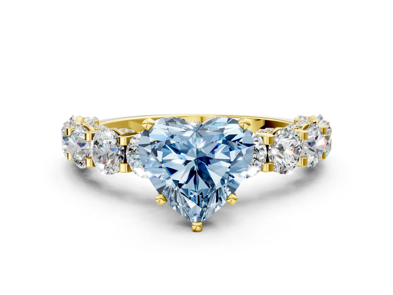 Fancy Blue Heart Cut Diamond Side Stone Engagement Ring with Four-Prong Setting Yellow gold