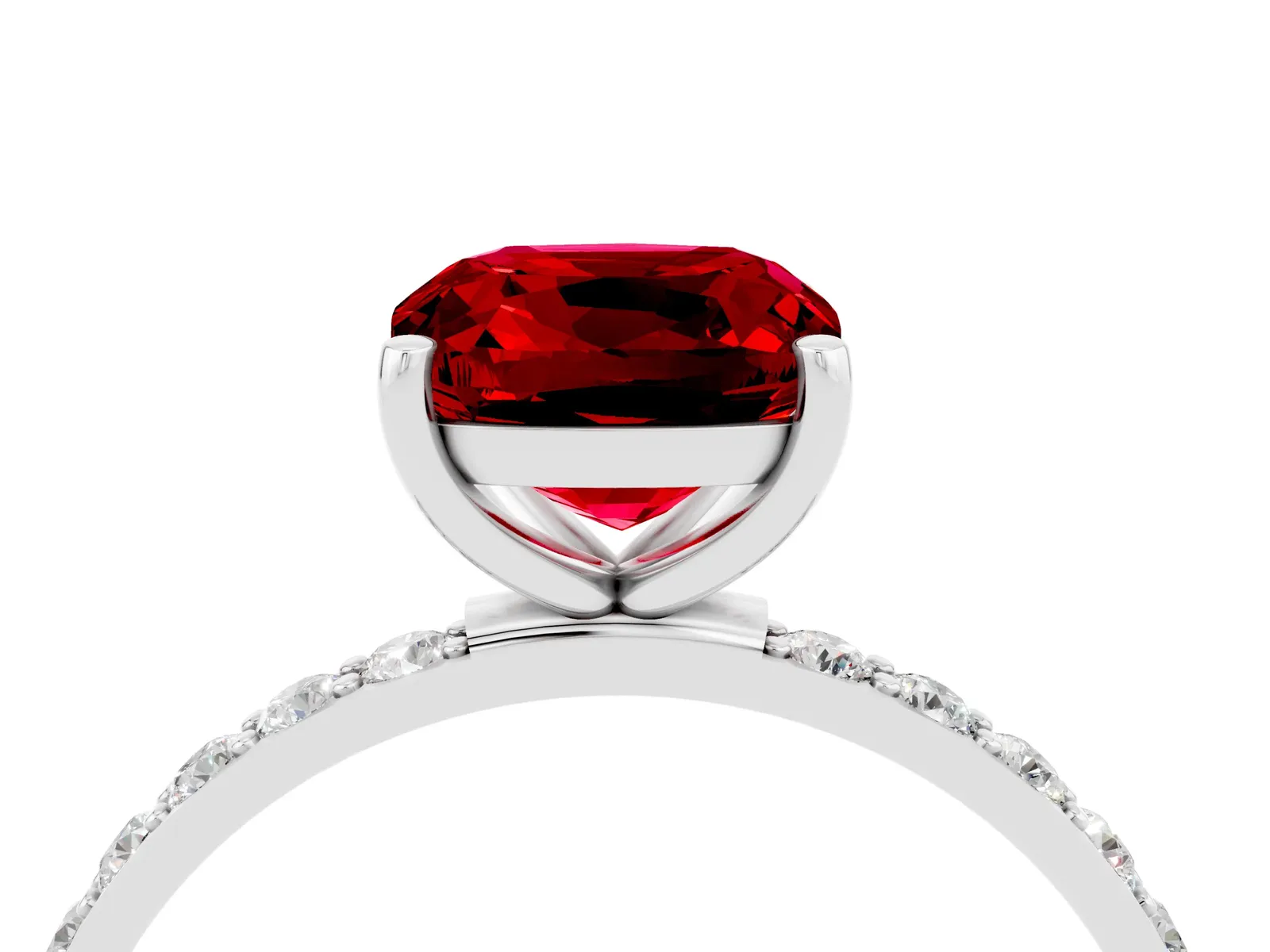 Cushion Cut Ruby Solitaire Ring with Round Pavé Band and Prong Setting Platinum