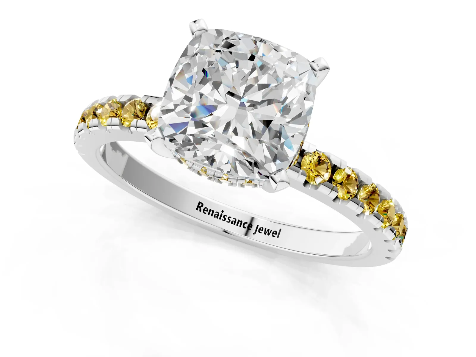 Cushion Cut Diamond Solitaire Ring with Round Yellow Sapphire Pavé Band and Four-Prong Setting Platinum
