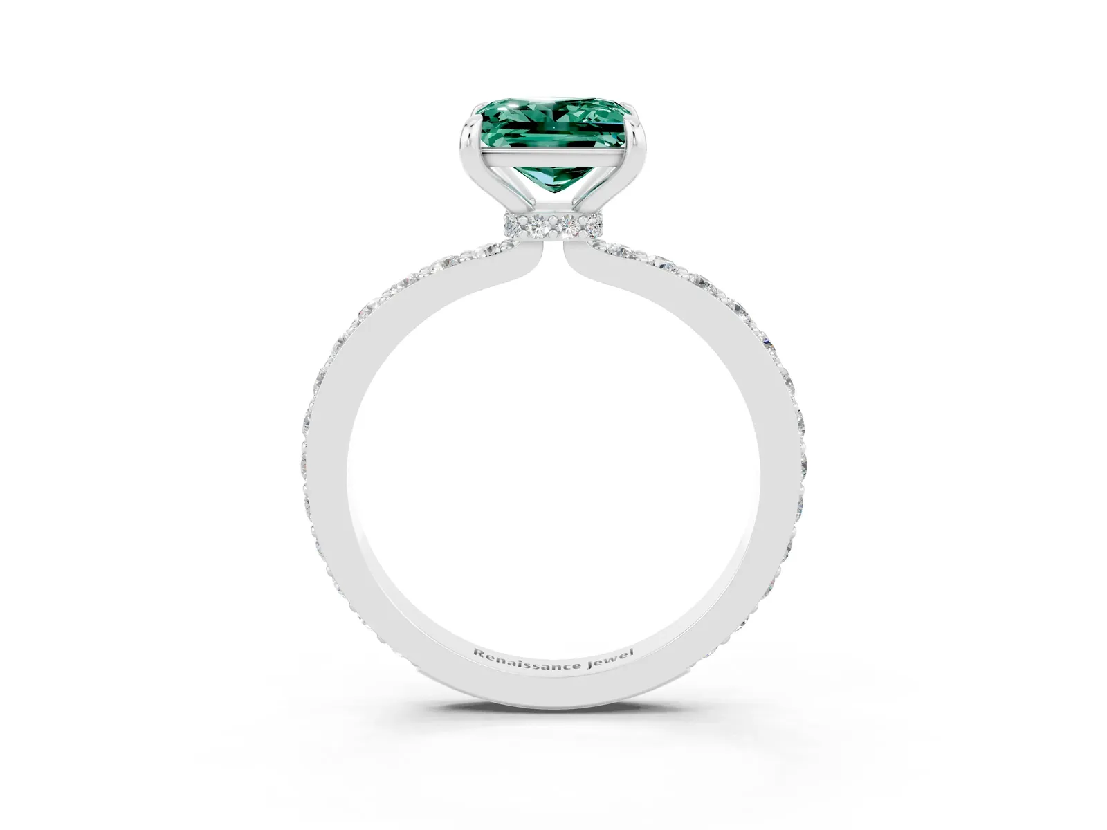 Princess Cut Green Sapphire Solitaire Engagement Ring with Pavé Band and Four-Prong Setting Platinum