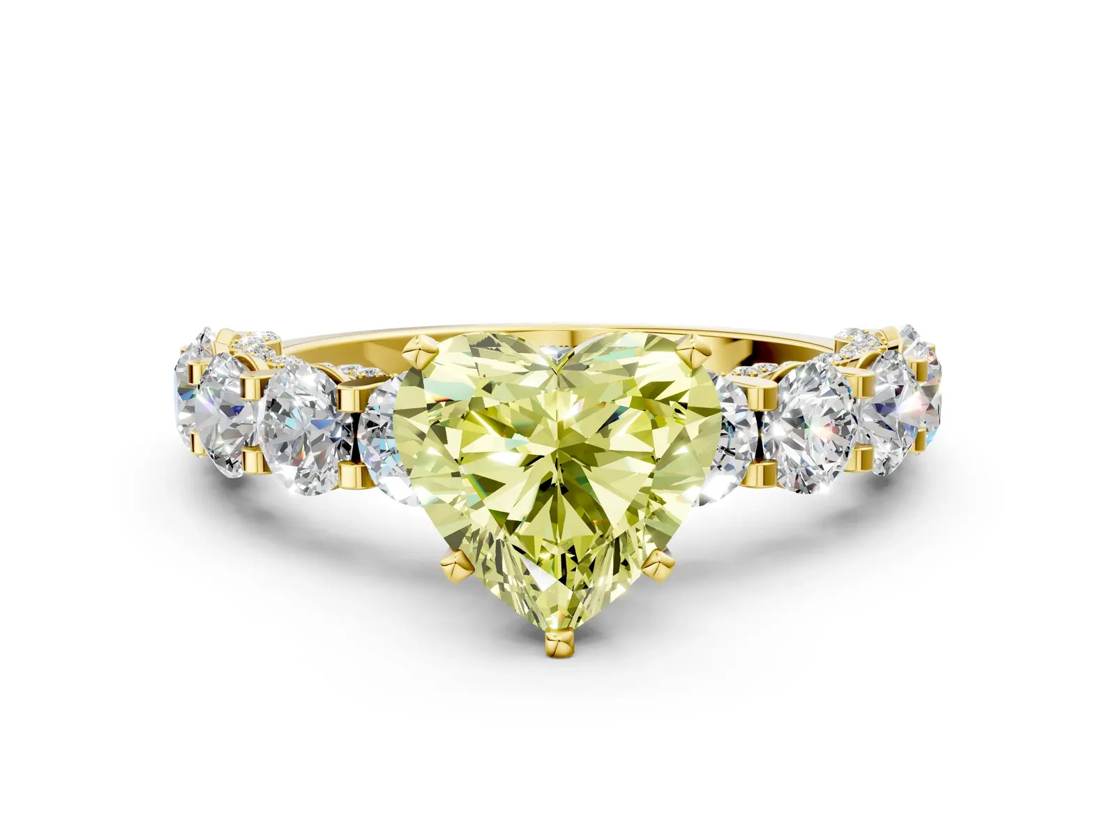 Fancy Yellow Heart Cut Diamond Side Stone Engagement Ring with Four-Prong Setting Yellow gold