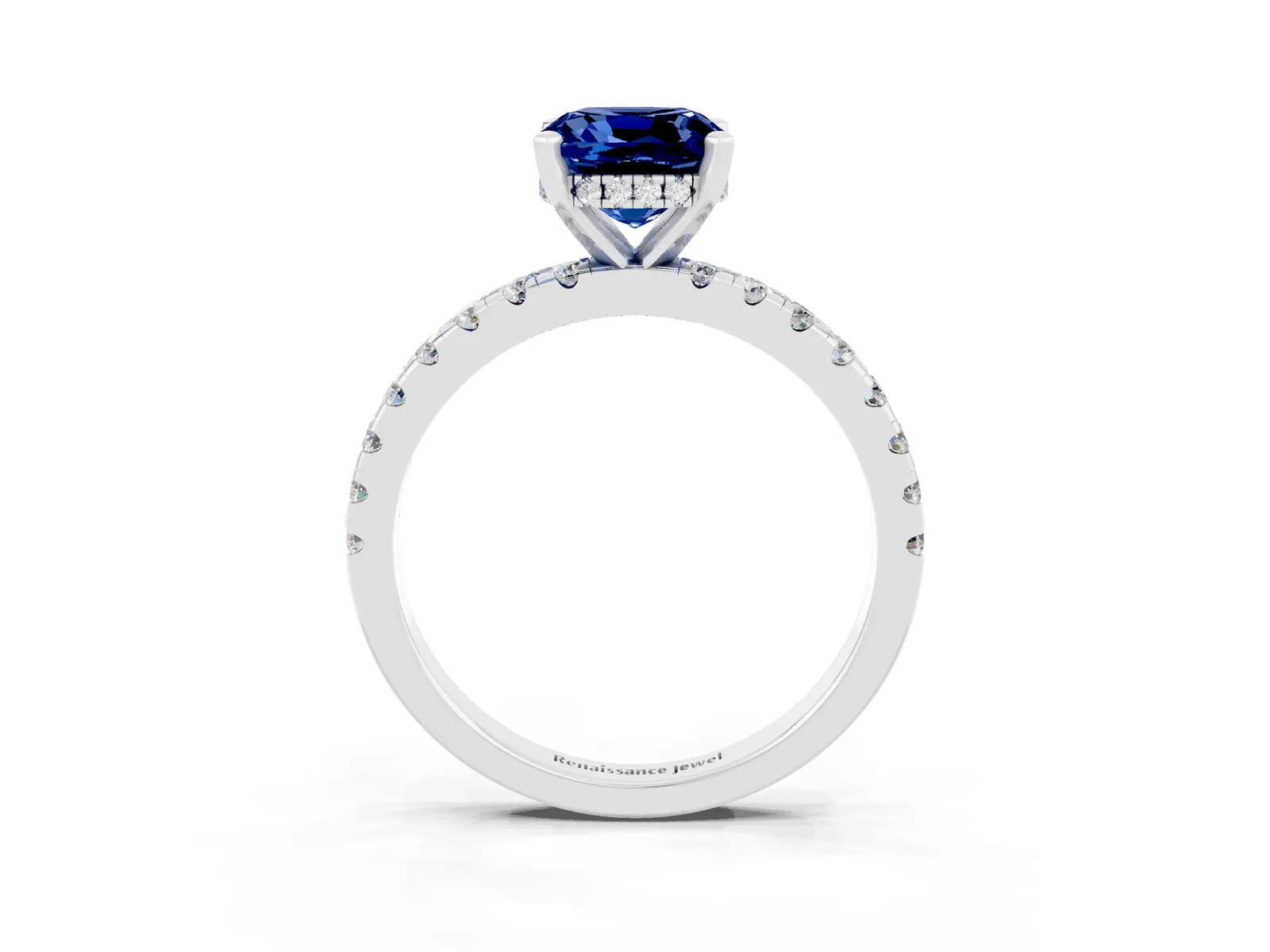Cushion Cut Blue Sapphire Solitaire Ring with Round Pavé Band and Four-Prong Setting Platinum