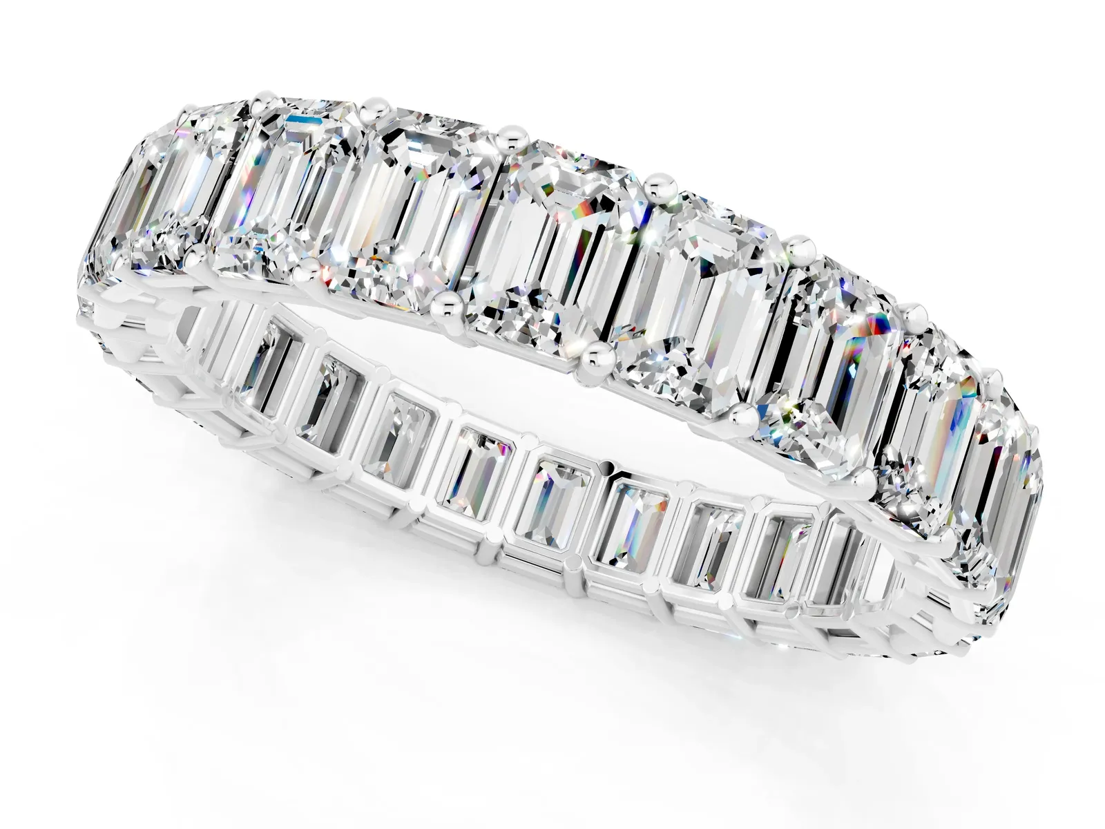 Emerald Cut Moissanite Eternity Band with Shared Prong Setting Platinum