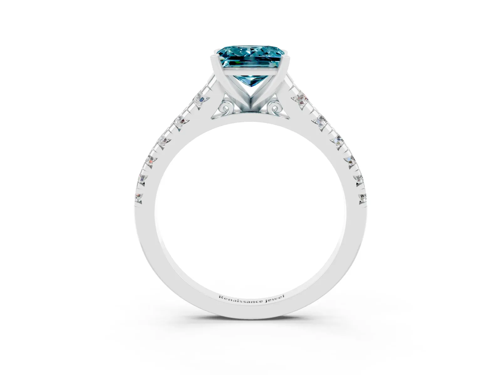 Princess Cut Blue Topaz Cathedral Solitaire Ring with Round Pavé Band Platinum