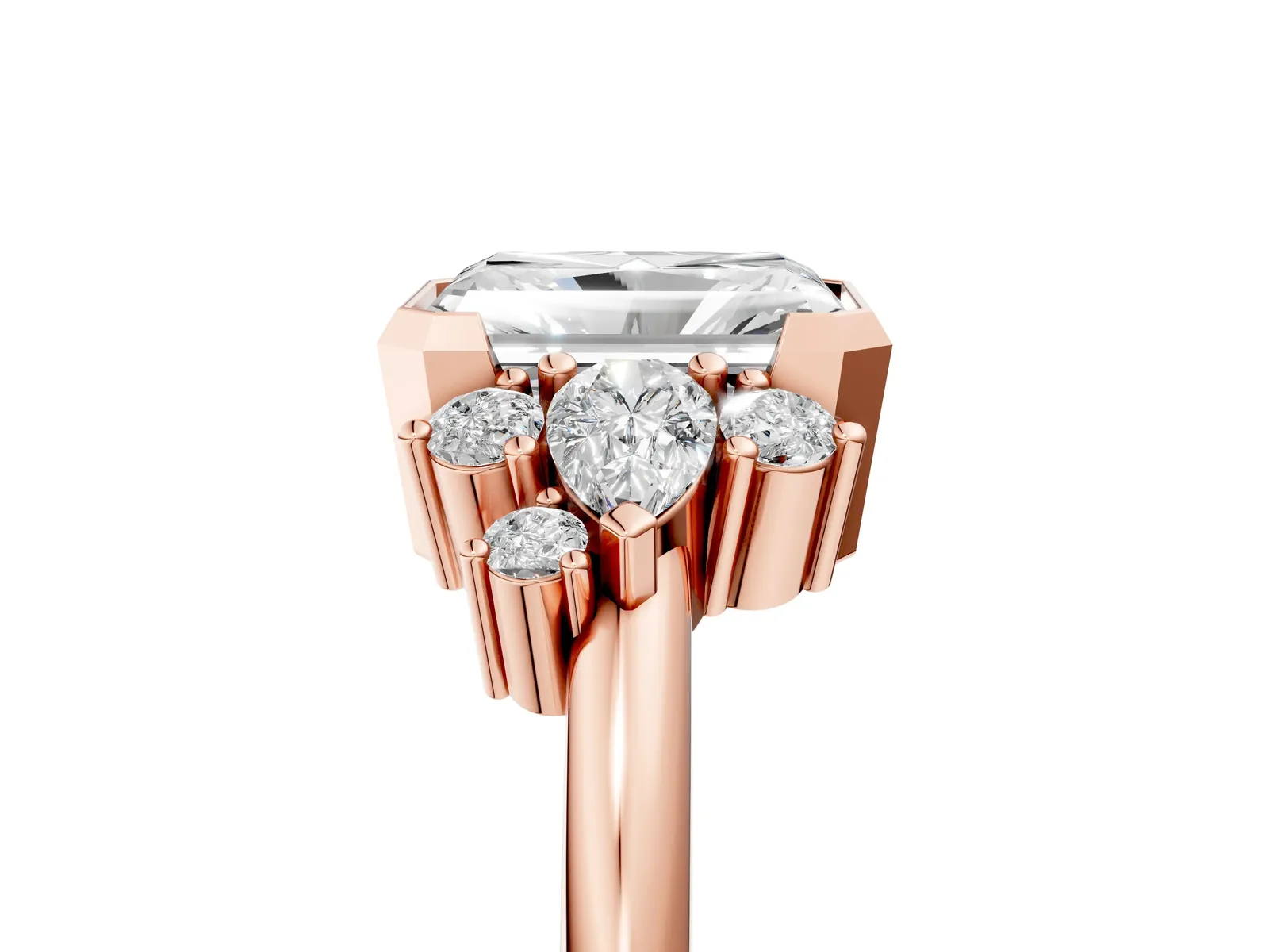 Radiant Diamond Engagement Ring with Pear and Round Side Stones Rose gold