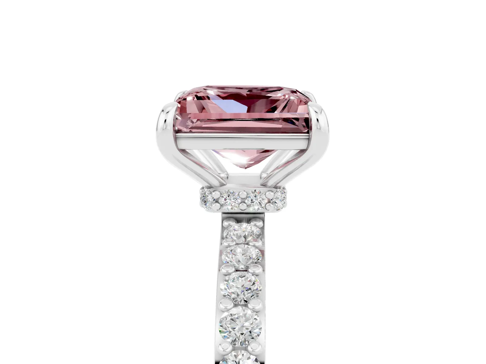 Princess Cut Morganite Solitaire Engagement Ring with Pavé Band and Four-Prong Setting Platinum