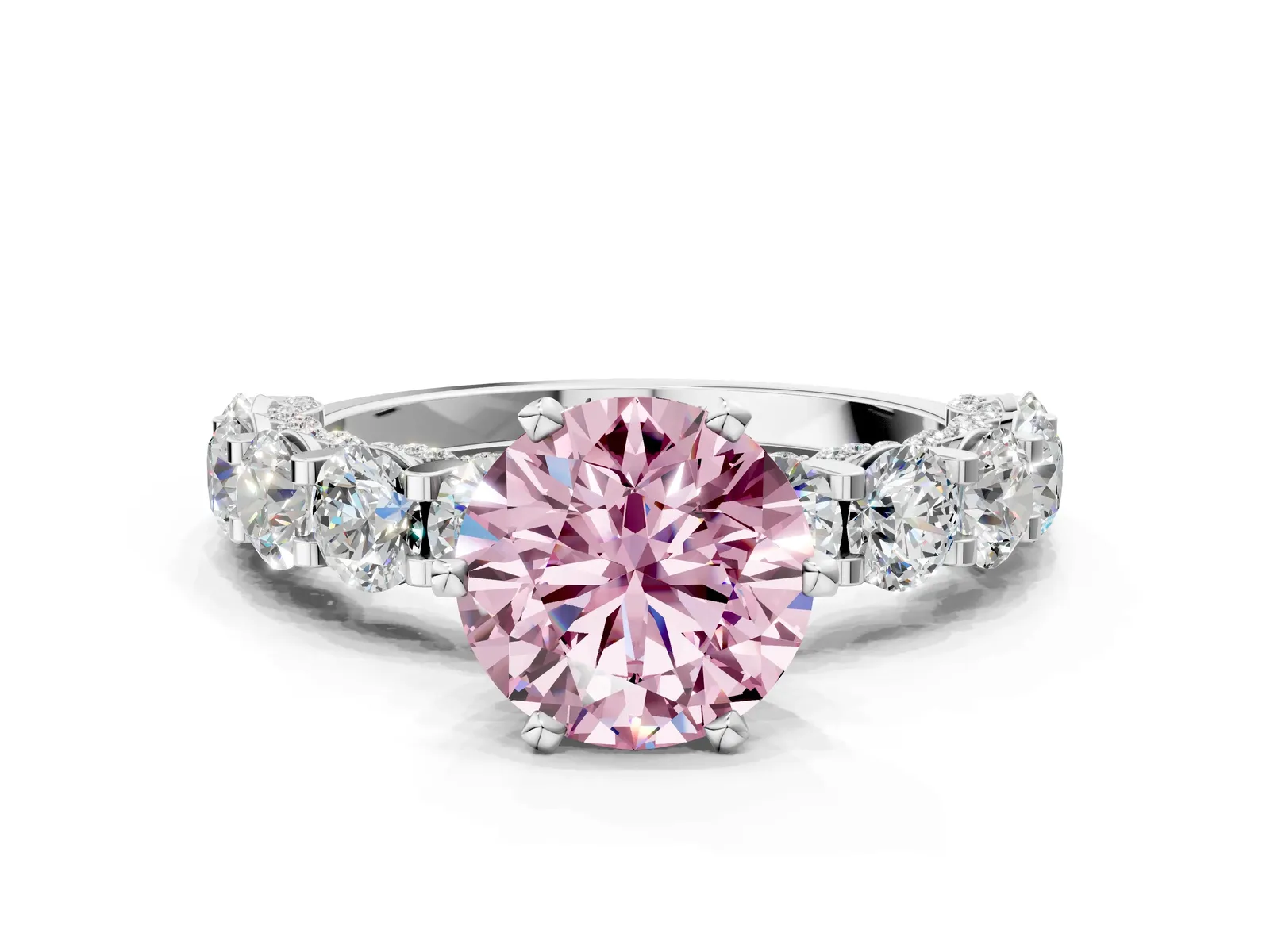 Fancy Pink Round Cut Diamond Side Stone Engagement Ring with Four-Prong Setting Silver