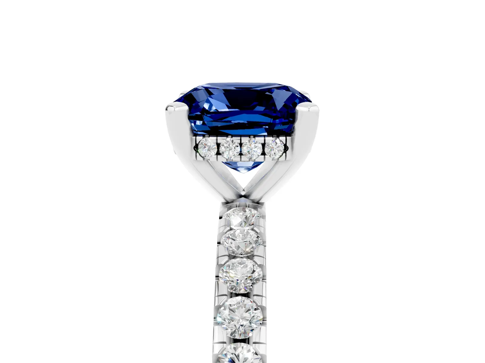 Cushion Cut Blue Sapphire Solitaire Ring with Round Pavé Band and Four-Prong Setting Platinum