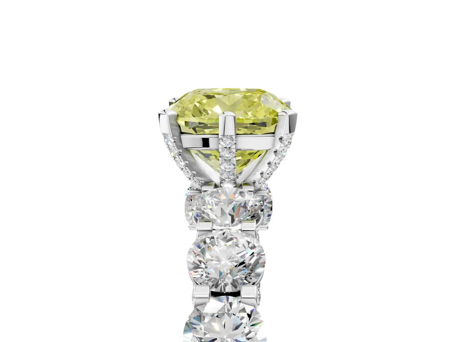 Fancy Yellow Cushion Cut Diamond Side Stone Engagement Ring with Four-Prong Setting Platinum