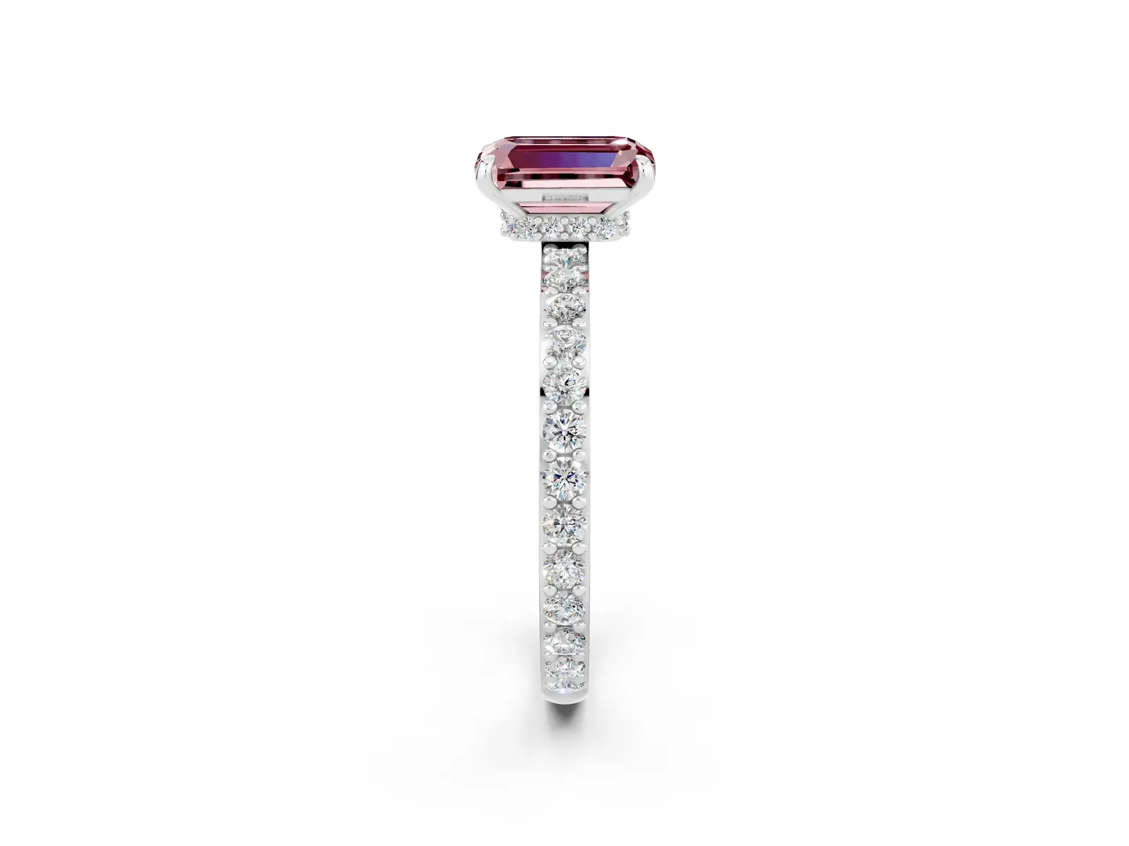 Emerald Cut Morganite Solitaire Engagement Ring with Pavé Band and Four-Prong Setting Platinum
