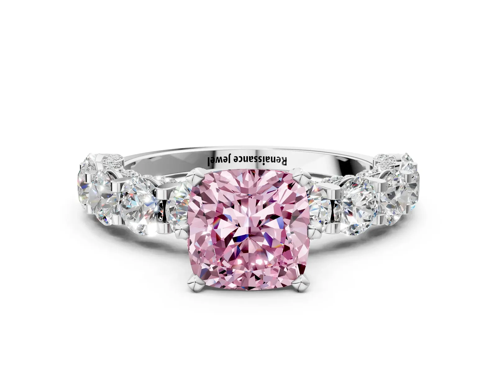 Fancy Pink Cushion Cut Diamond Side Stone Engagement Ring with Four-Prong Setting White gold