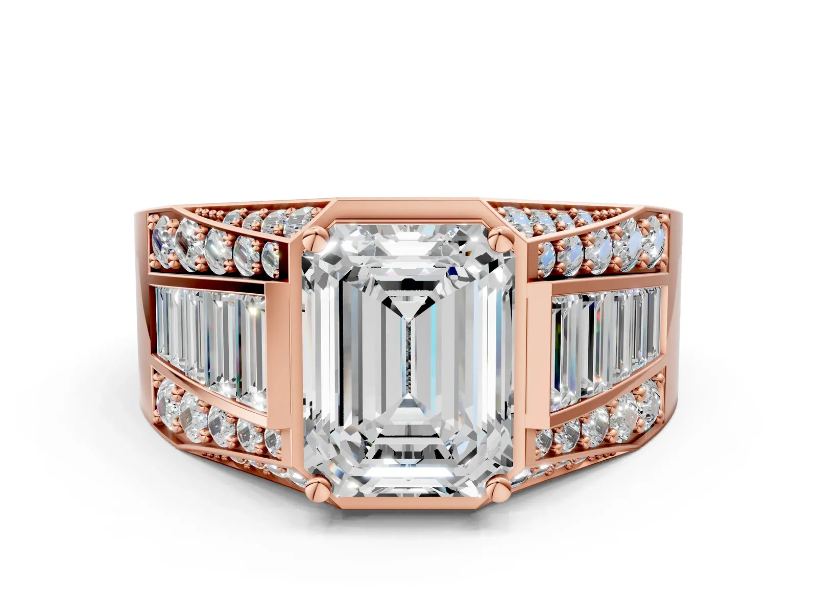 Emerald Cut Diamond Mens Ring with Baguette Side Stones Rose gold