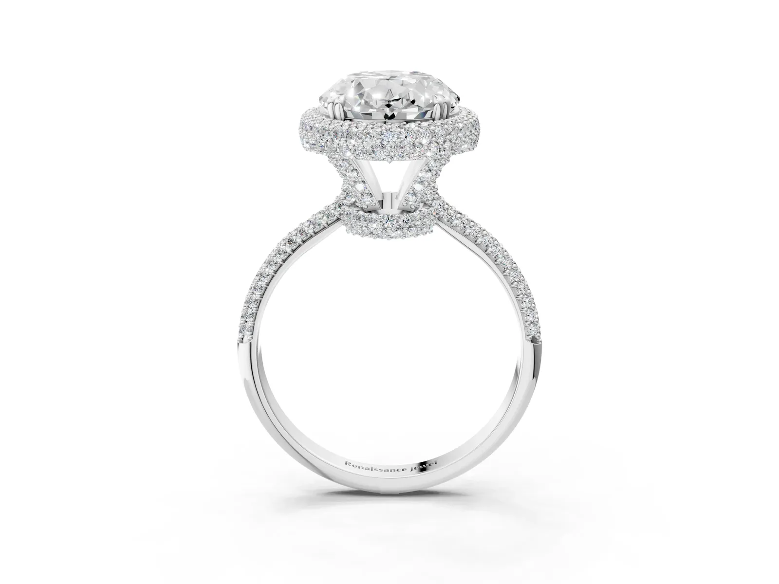 Oval Diamond Halo Ring with Round Diamond Accents Silver