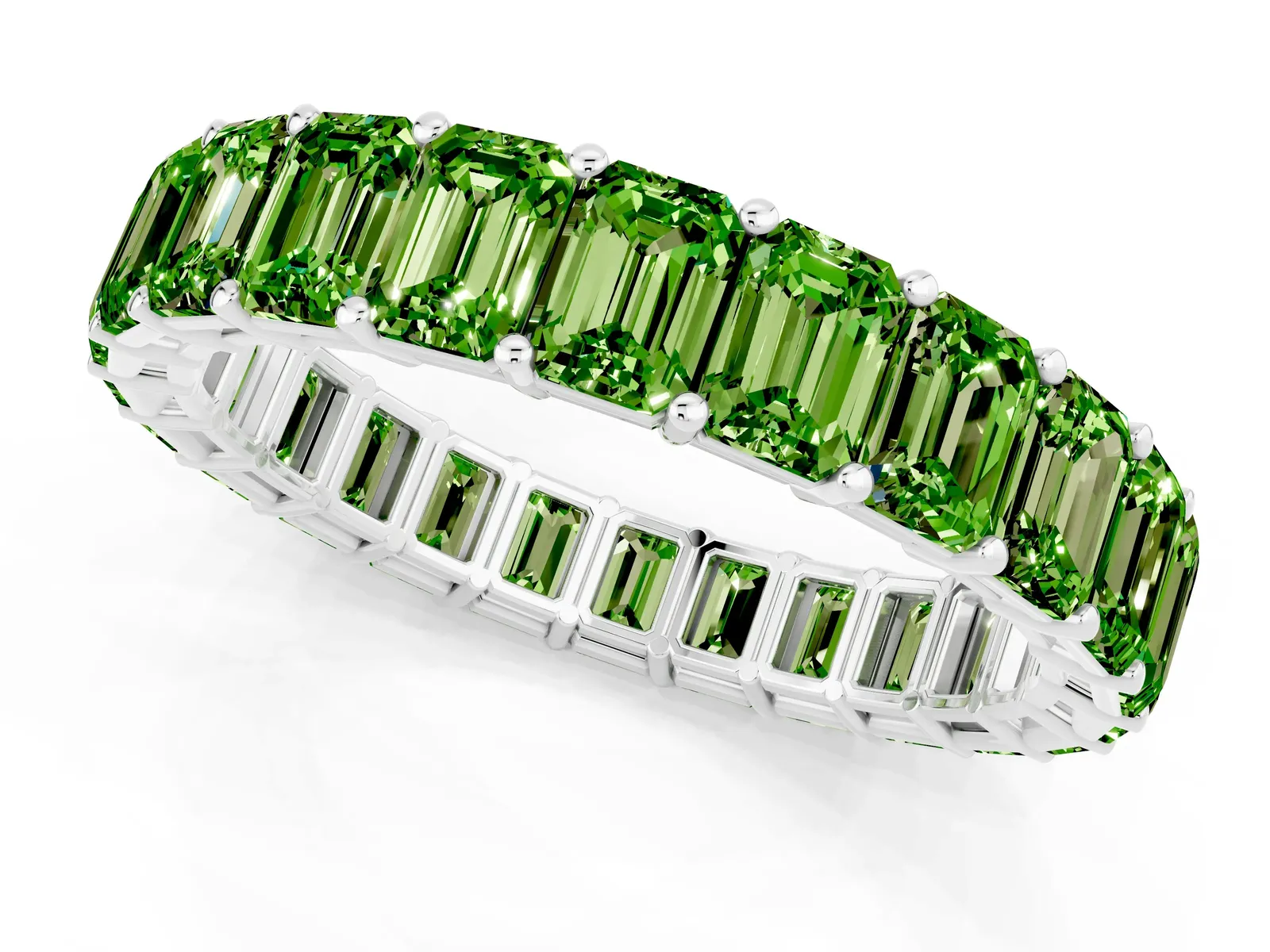 Emerald Cut Peridot Eternity Band with Shared Prong Setting Platinum