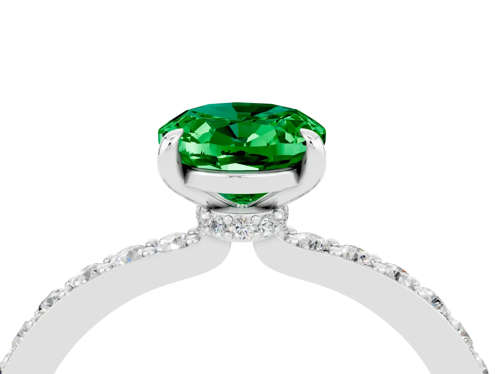 Oval Cut Emerald Solitaire Engagement Ring with Pavé Band and Four-Prong Setting Platinum