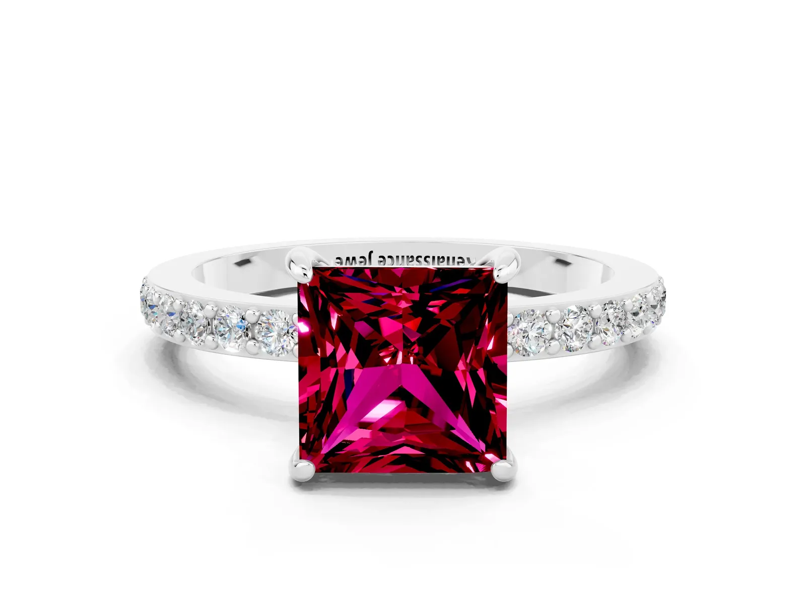 Princess Cut Garnet Solitaire Engagement Ring with Pavé Band and Four-Prong Setting Platinum