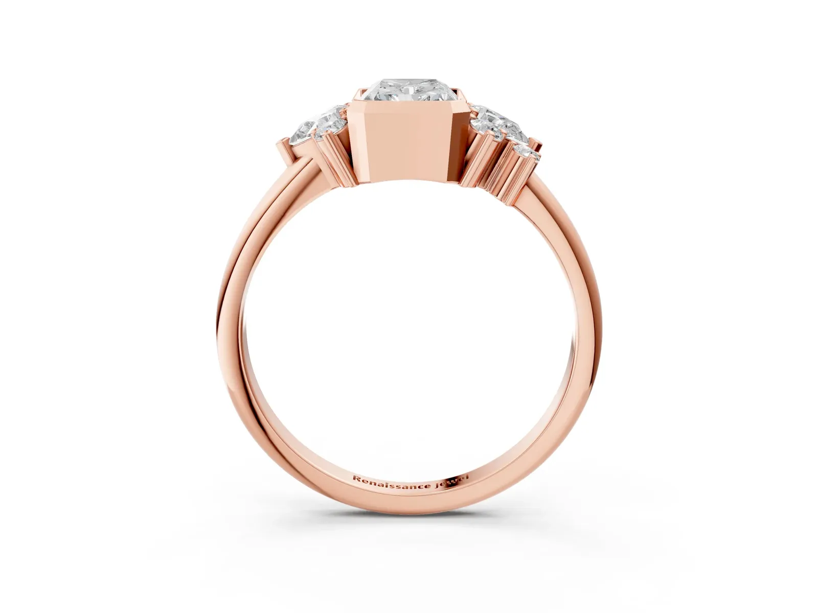 Radiant Diamond Engagement Ring with Pear and Round Side Stones Rose gold