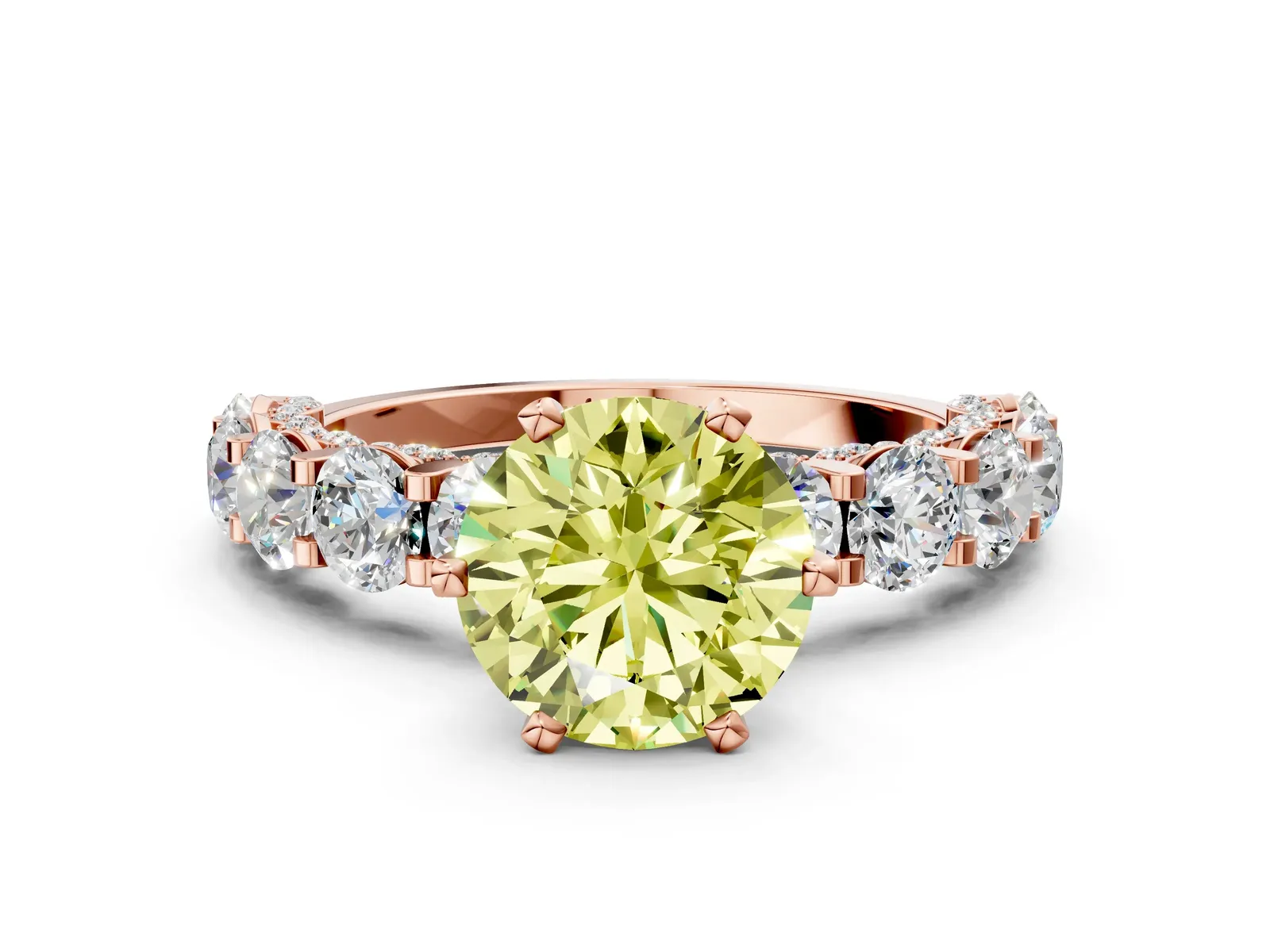 Fancy Yellow Round Cut Diamond Side Stone Engagement Ring with Four-Prong Setting Rose gold
