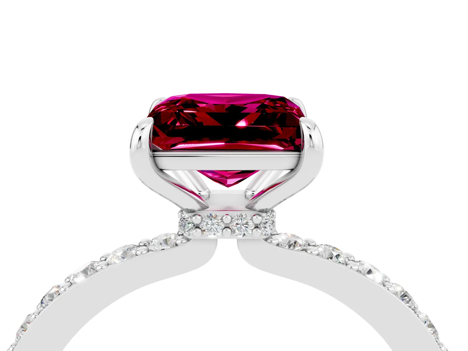 Princess Cut Garnet Solitaire Engagement Ring with Pavé Band and Four-Prong Setting Platinum