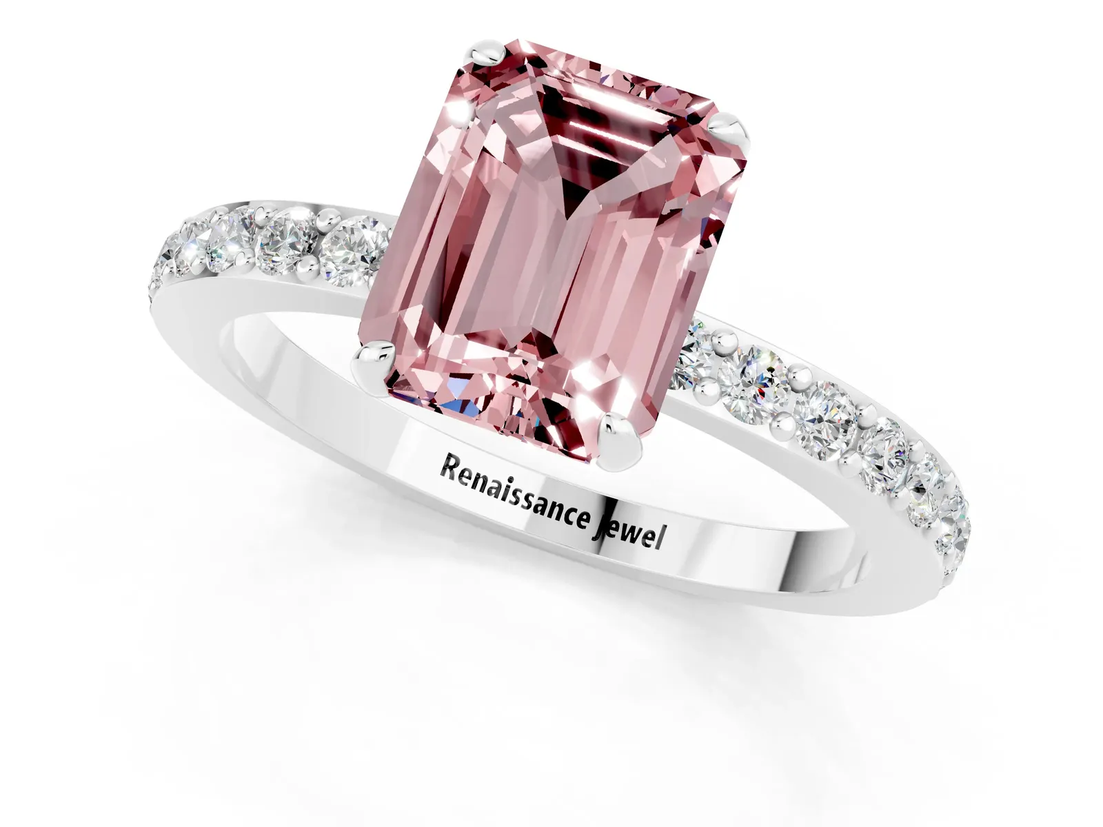 Emerald Cut Morganite Solitaire Engagement Ring with Pavé Band and Four-Prong Setting Platinum