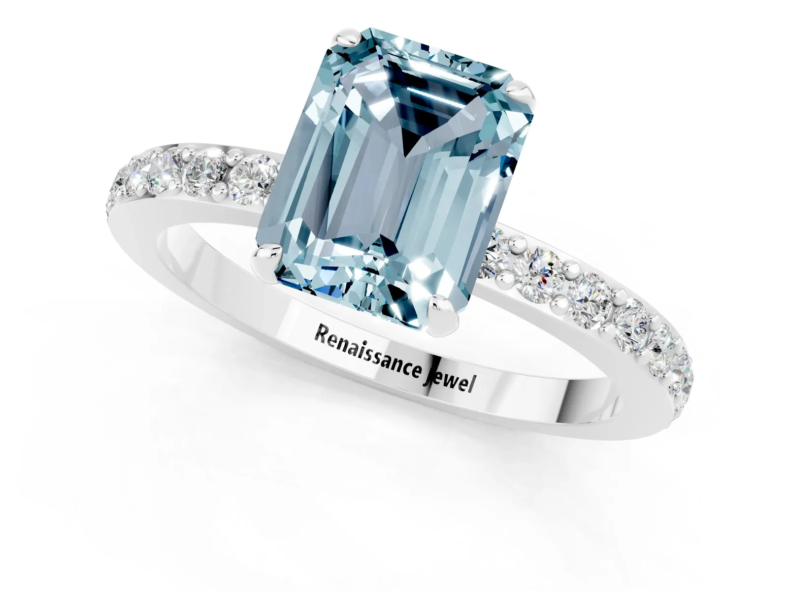 Emerald Cut Aquamarine Solitaire Engagement Ring with Pavé Band and Four-Prong Setting Platinum