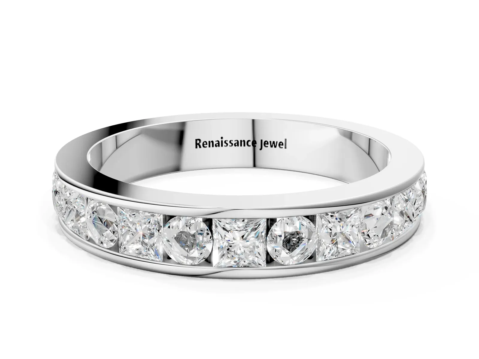 Princess Diamond Channel Set Promise Ring with Round Diamond Accents White gold