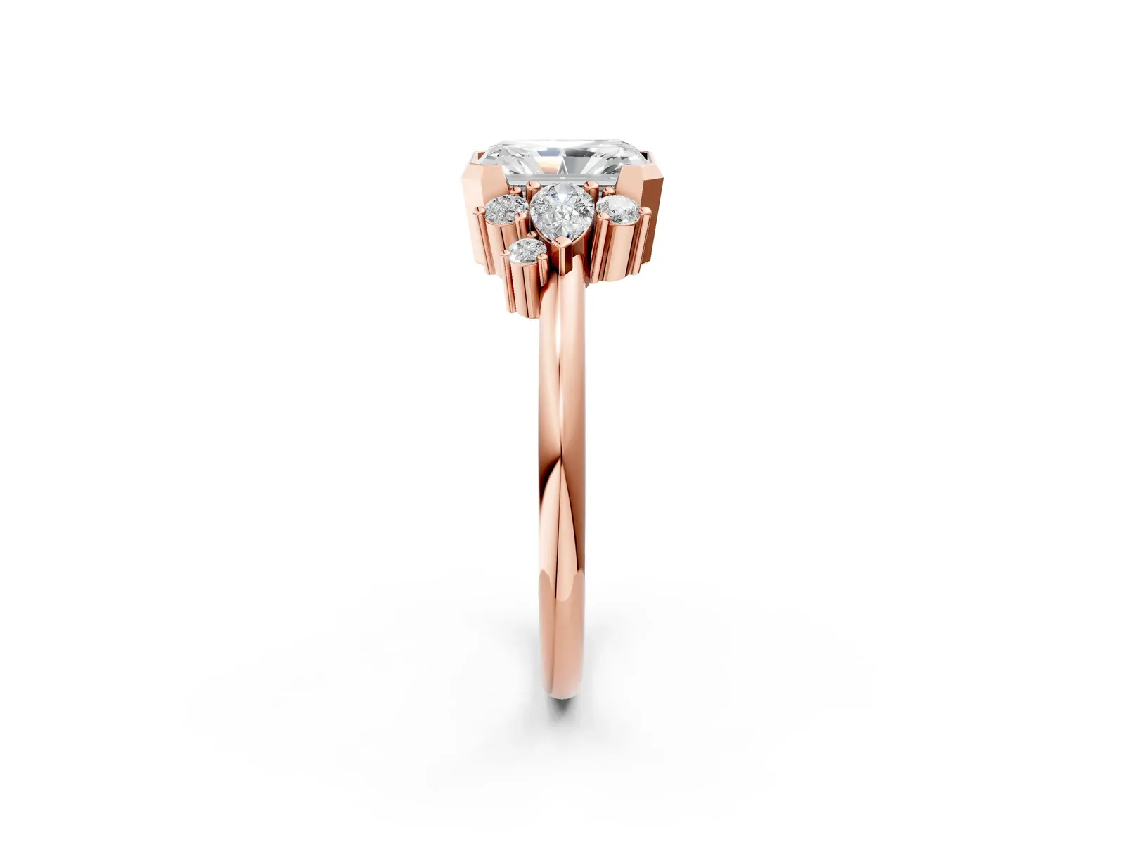 Radiant Diamond Engagement Ring with Pear and Round Side Stones Rose gold