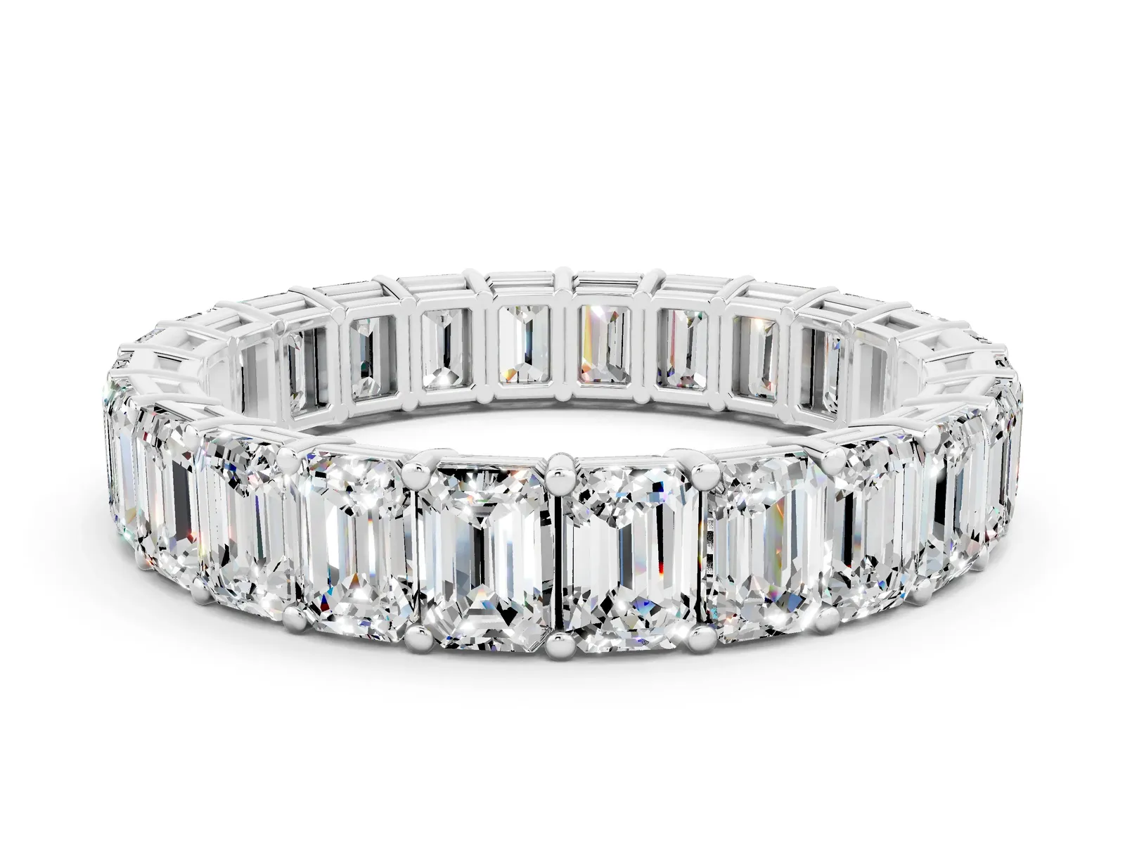 Emerald Cut Moissanite Eternity Band with Shared Prong Setting Platinum