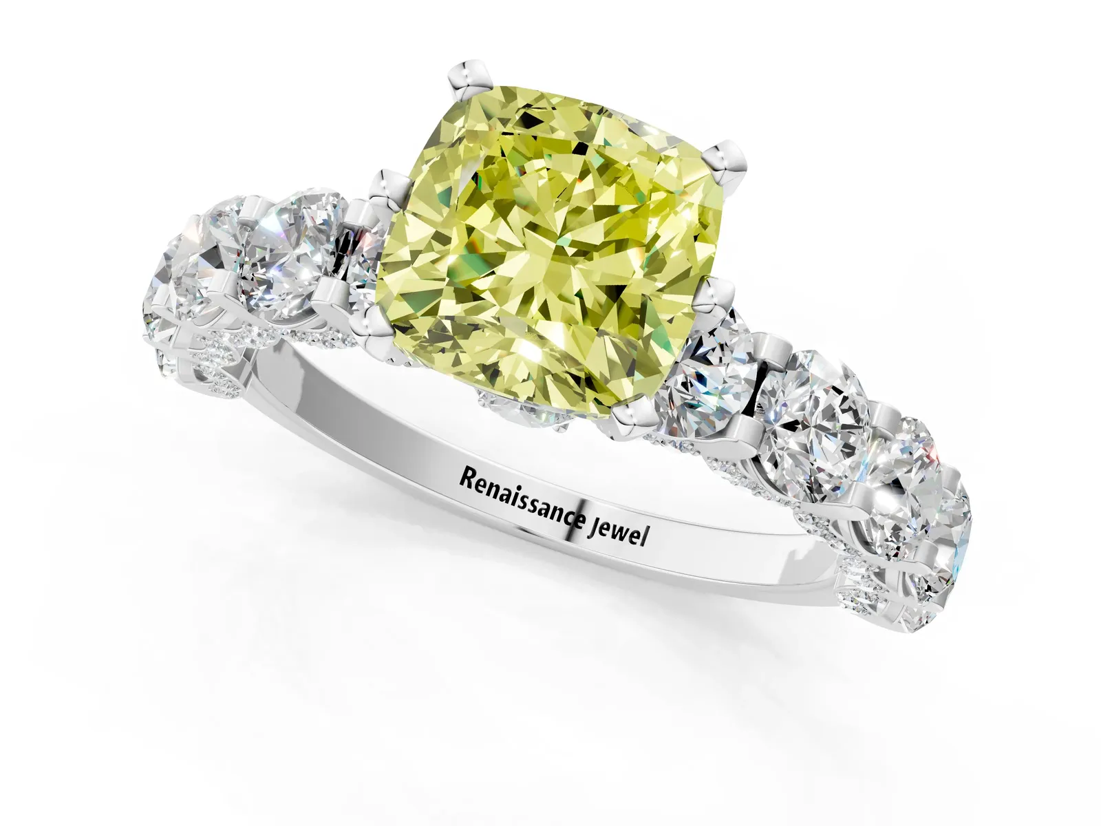 Fancy Yellow Cushion Cut Diamond Side Stone Engagement Ring with Four-Prong Setting Platinum