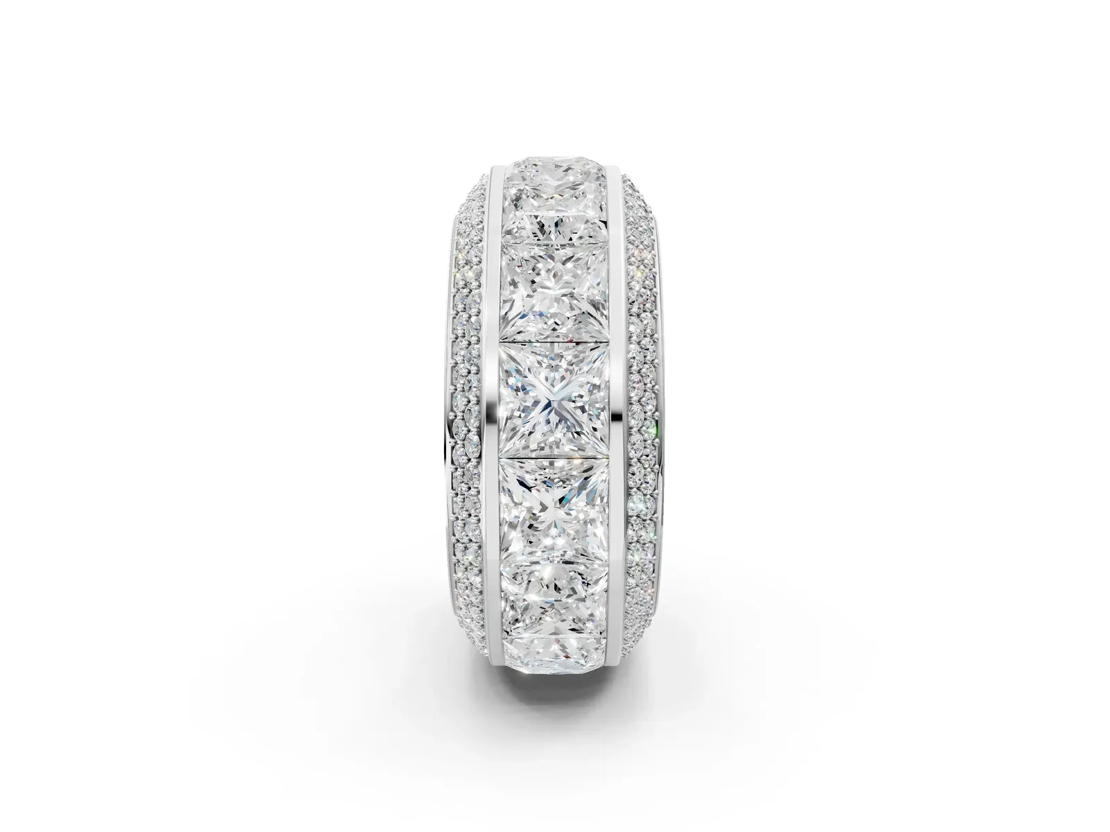 Princess Diamond Pavé Mens Wedding Band with Round Diamond Accents White gold