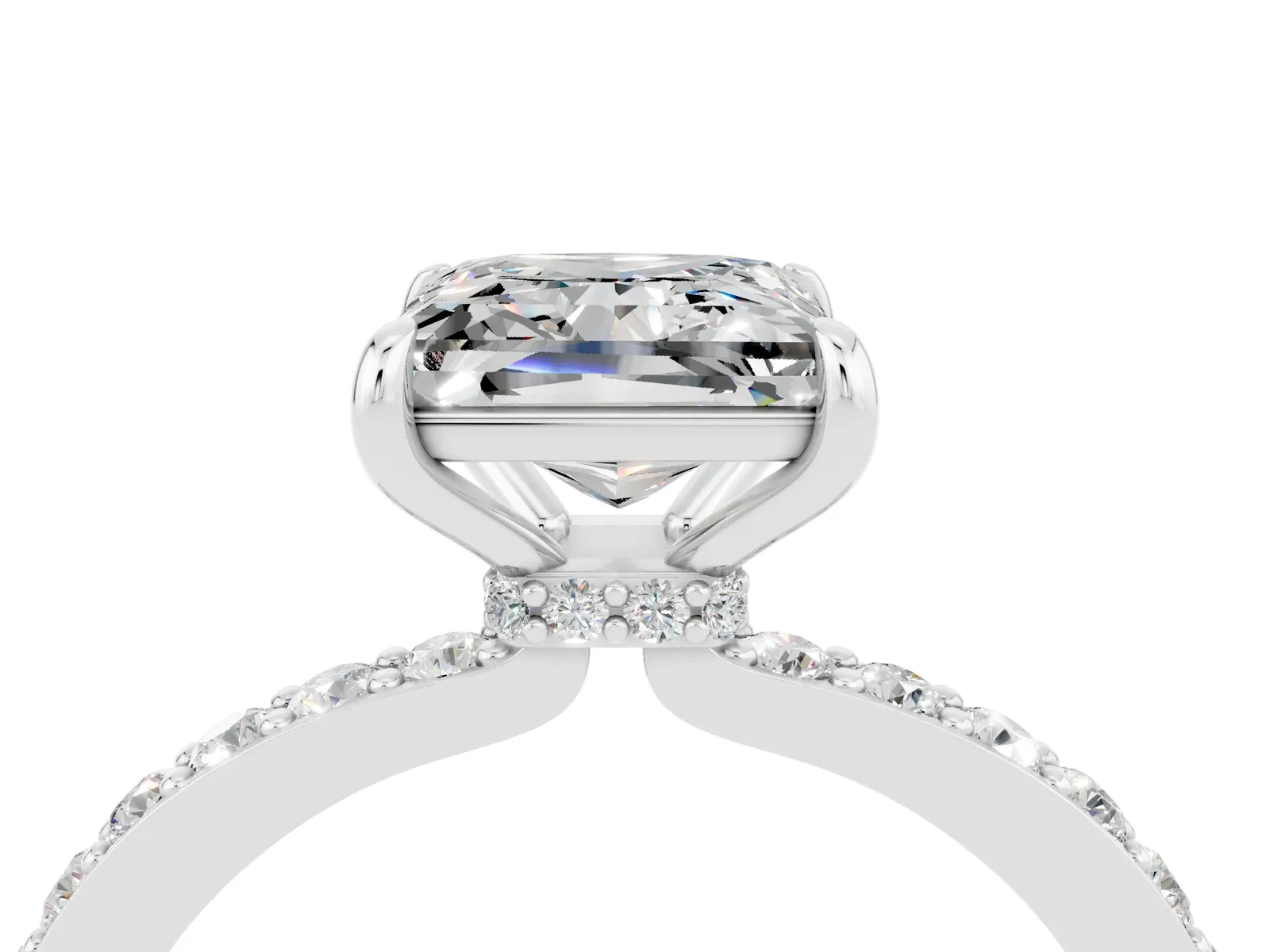 Princess Cut Moissanite Solitaire Engagement Ring with Pavé Band and Four-Prong Setting Platinum
