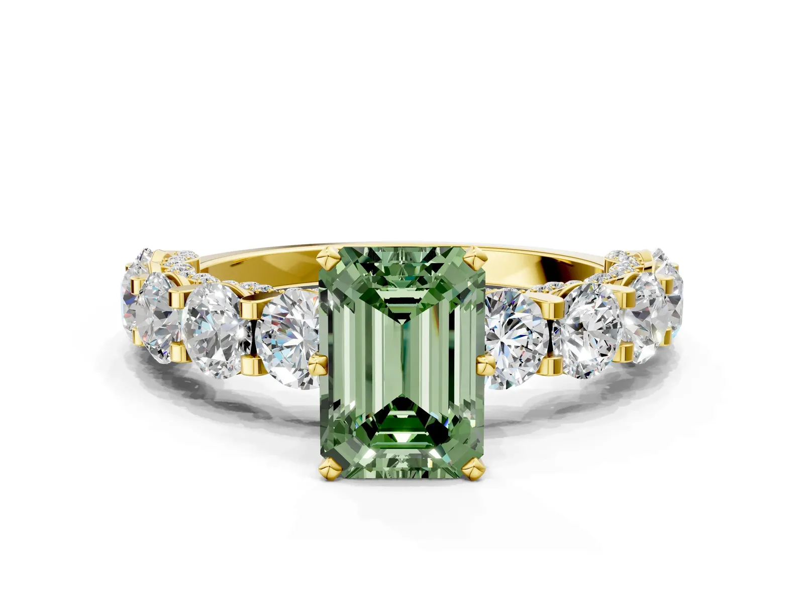 Fancy Green Emerald Cut Diamond Side Stone Engagement Ring with Four-Prong Setting Yellow gold