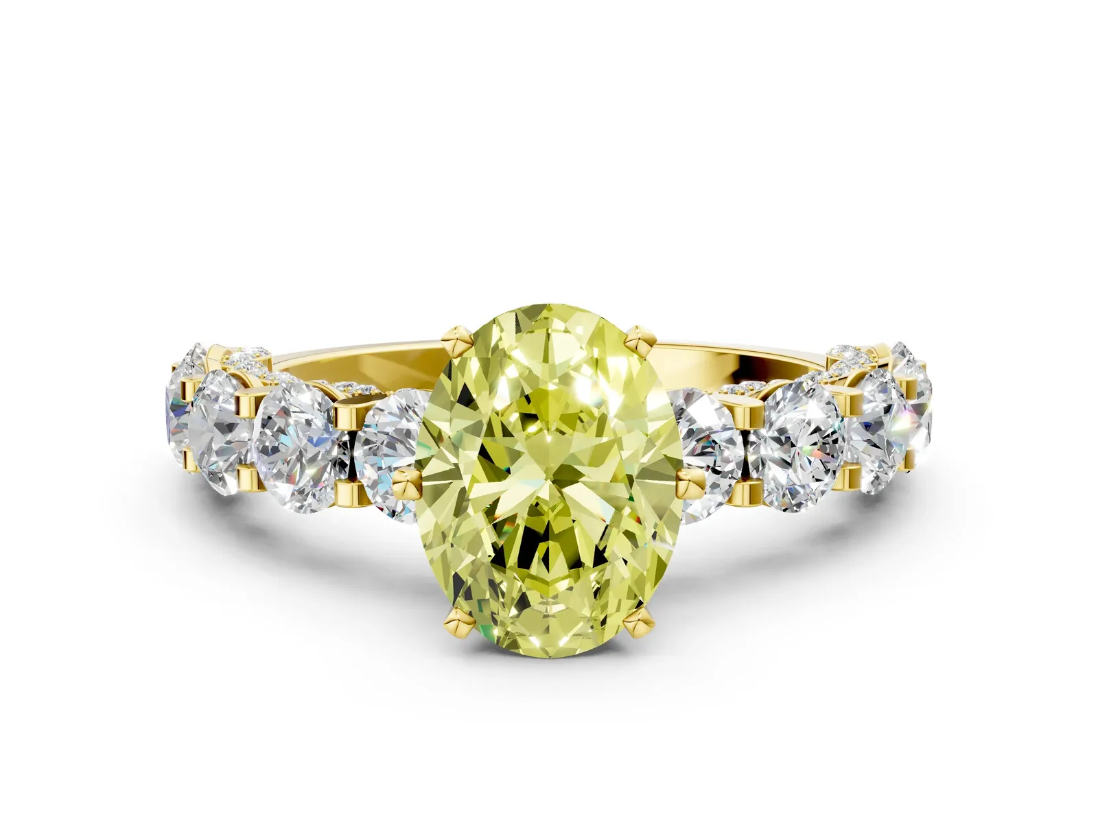 Fancy Yellow Oval Cut Diamond Side Stone Engagement Ring with Four-Prong Setting Yellow gold