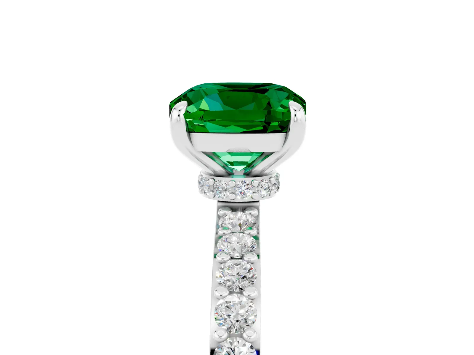 Cushion Cut Emerald Solitaire Engagement Ring with Pavé Band and Four-Prong Setting Platinum