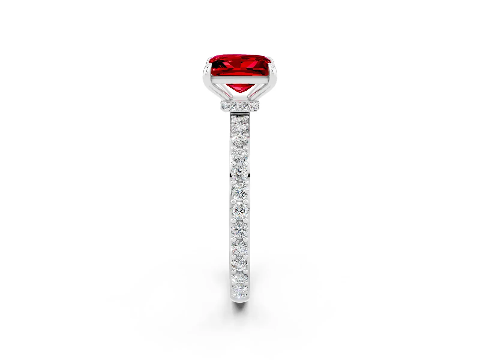 Princess Cut Ruby Solitaire Engagement Ring with Pavé Band and Four-Prong Setting Platinum