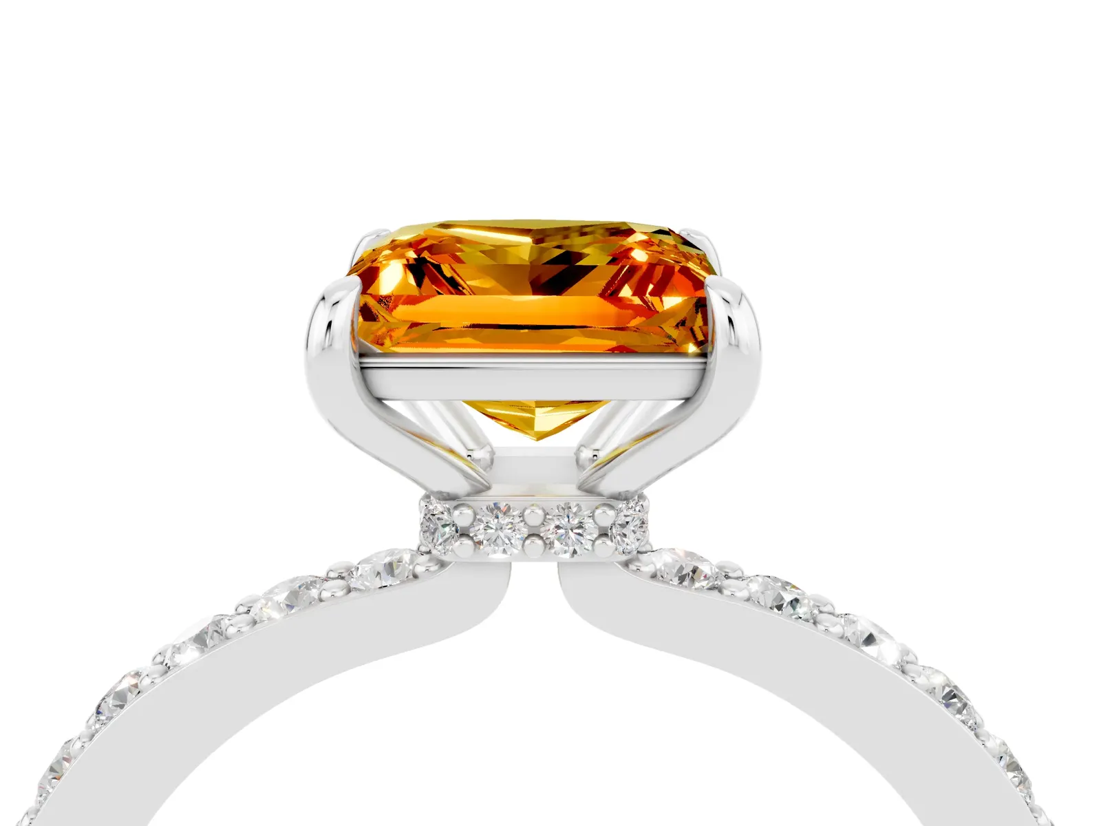 Princess Cut Citrine Solitaire Engagement Ring with Pavé Band and Four-Prong Setting Platinum