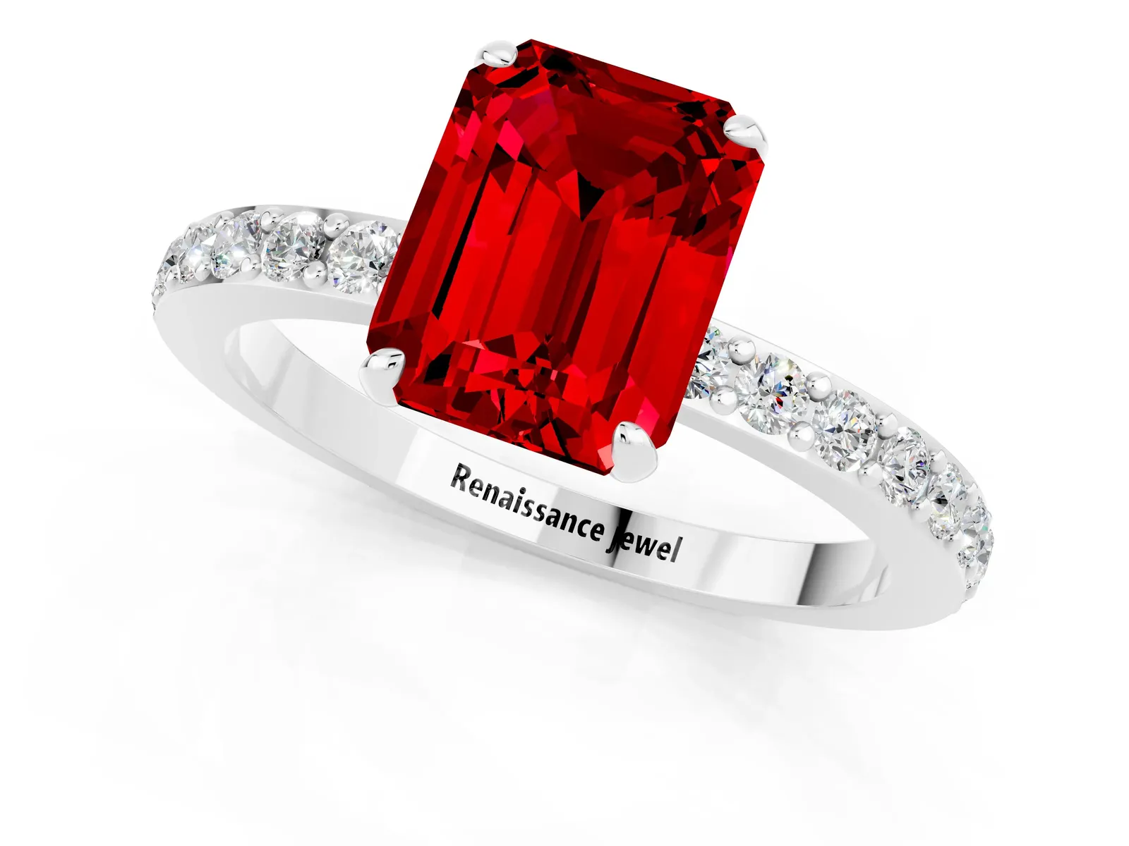 Emerald Cut Ruby Solitaire Engagement Ring with Pavé Band and Four-Prong Setting Platinum
