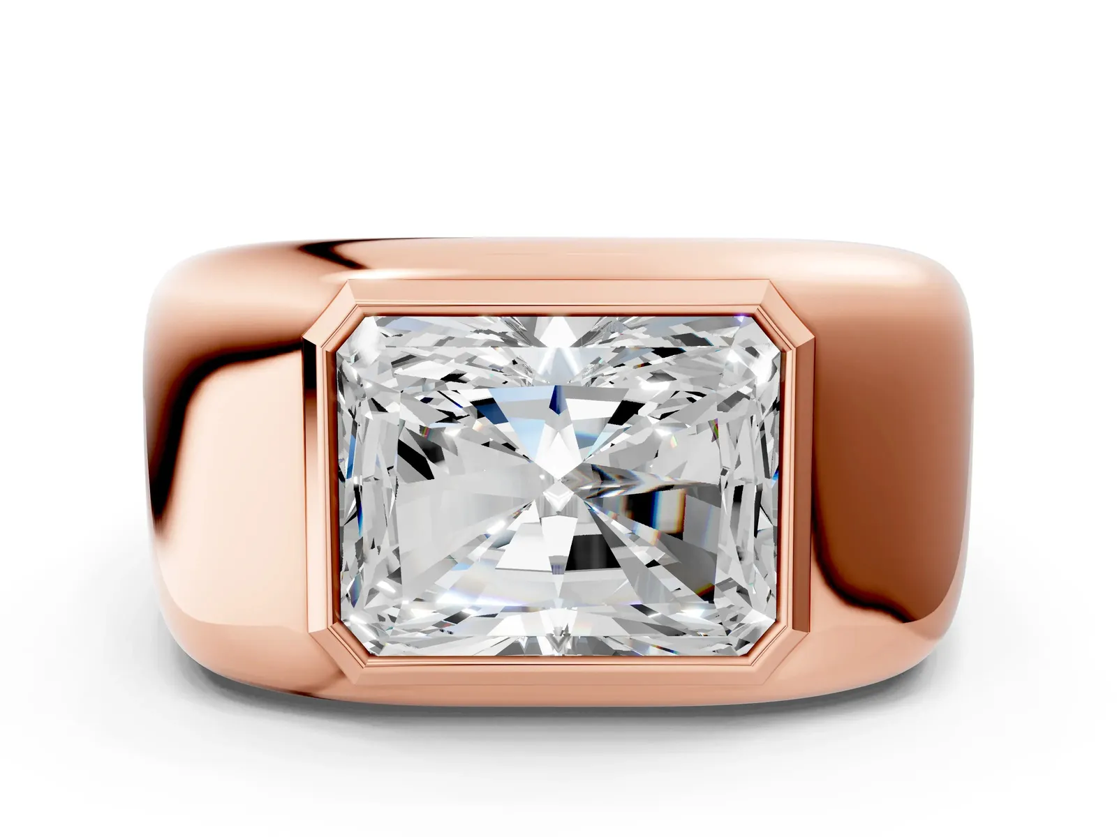 Radiant Diamond Bezel Set Mens Ring Rose gold