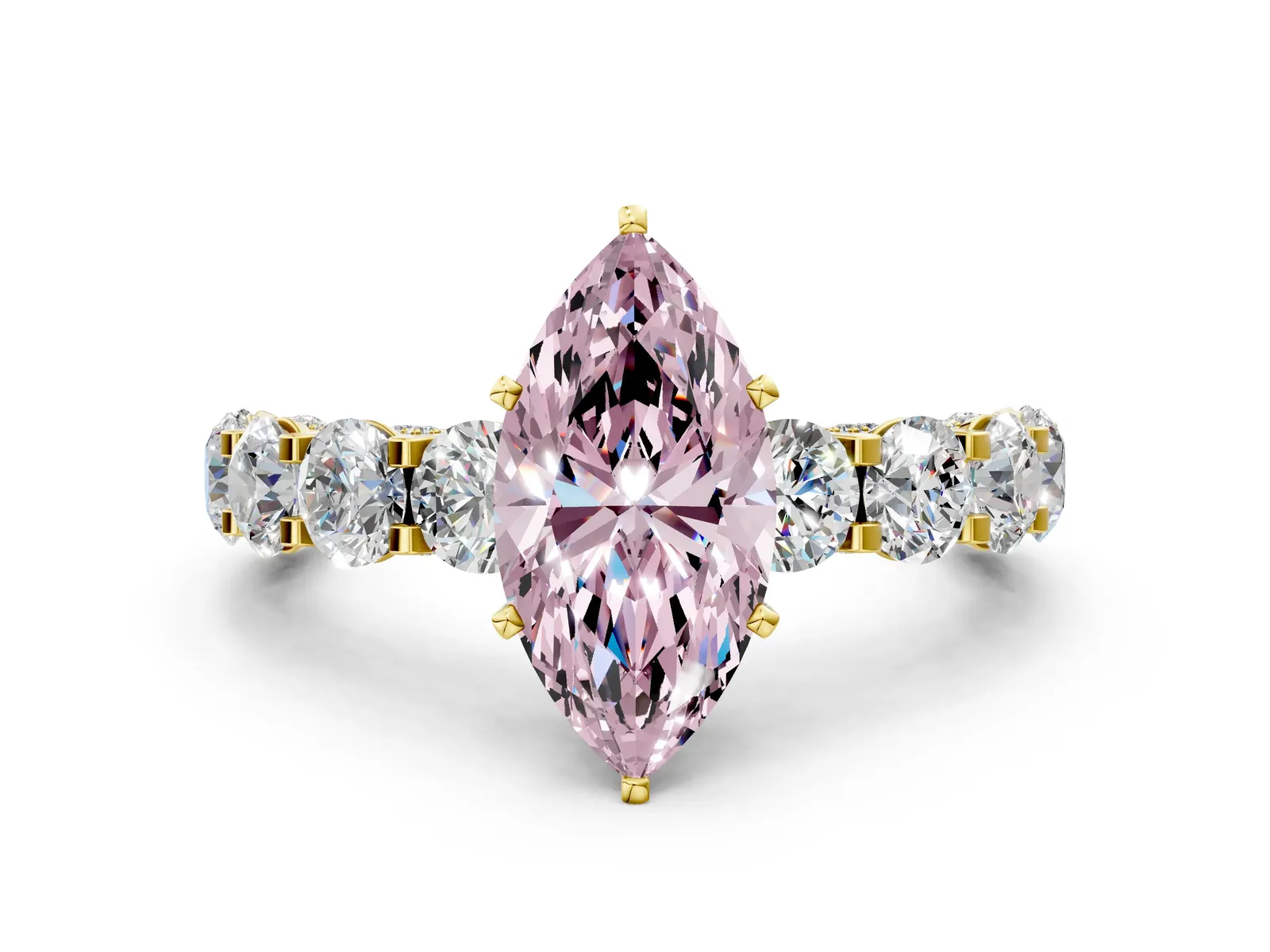 Fancy Pink Marquise Cut Diamond Side Stone Engagement Ring with Four-Prong Setting Yellow gold