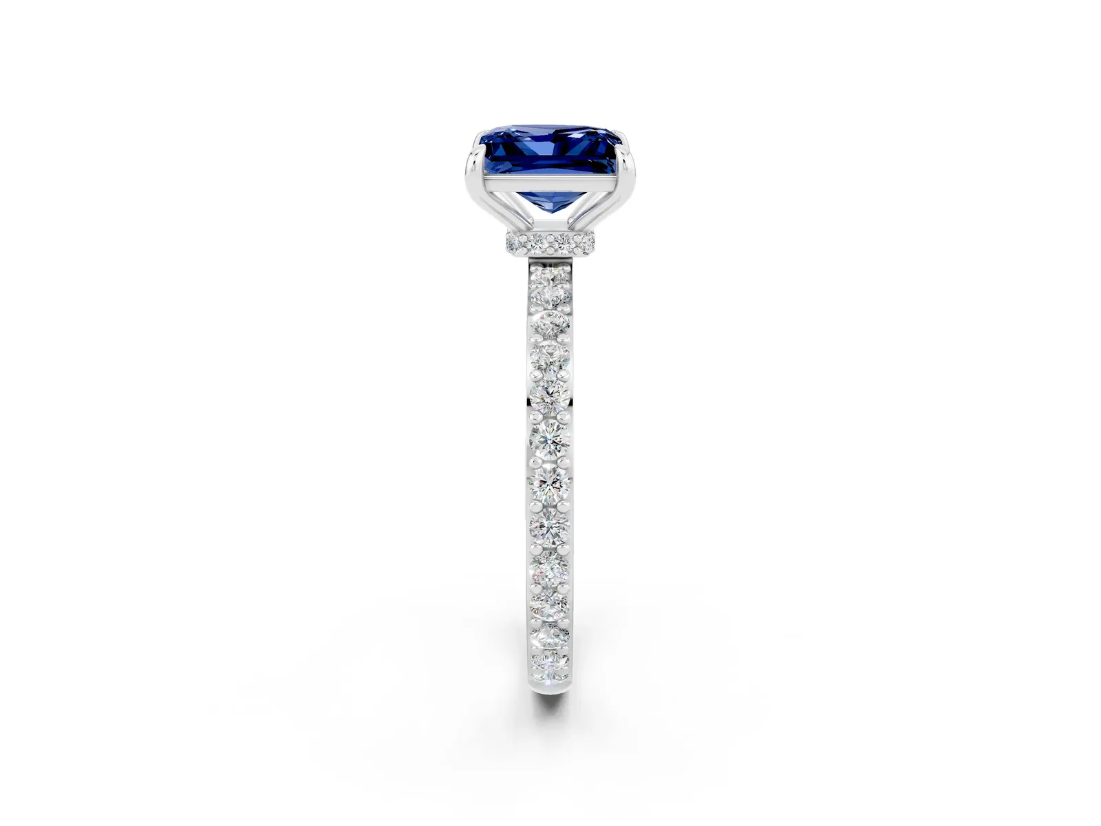 Princess Cut Blue Sapphire Solitaire Engagement Ring with Pavé Band and Four-Prong Setting Platinum