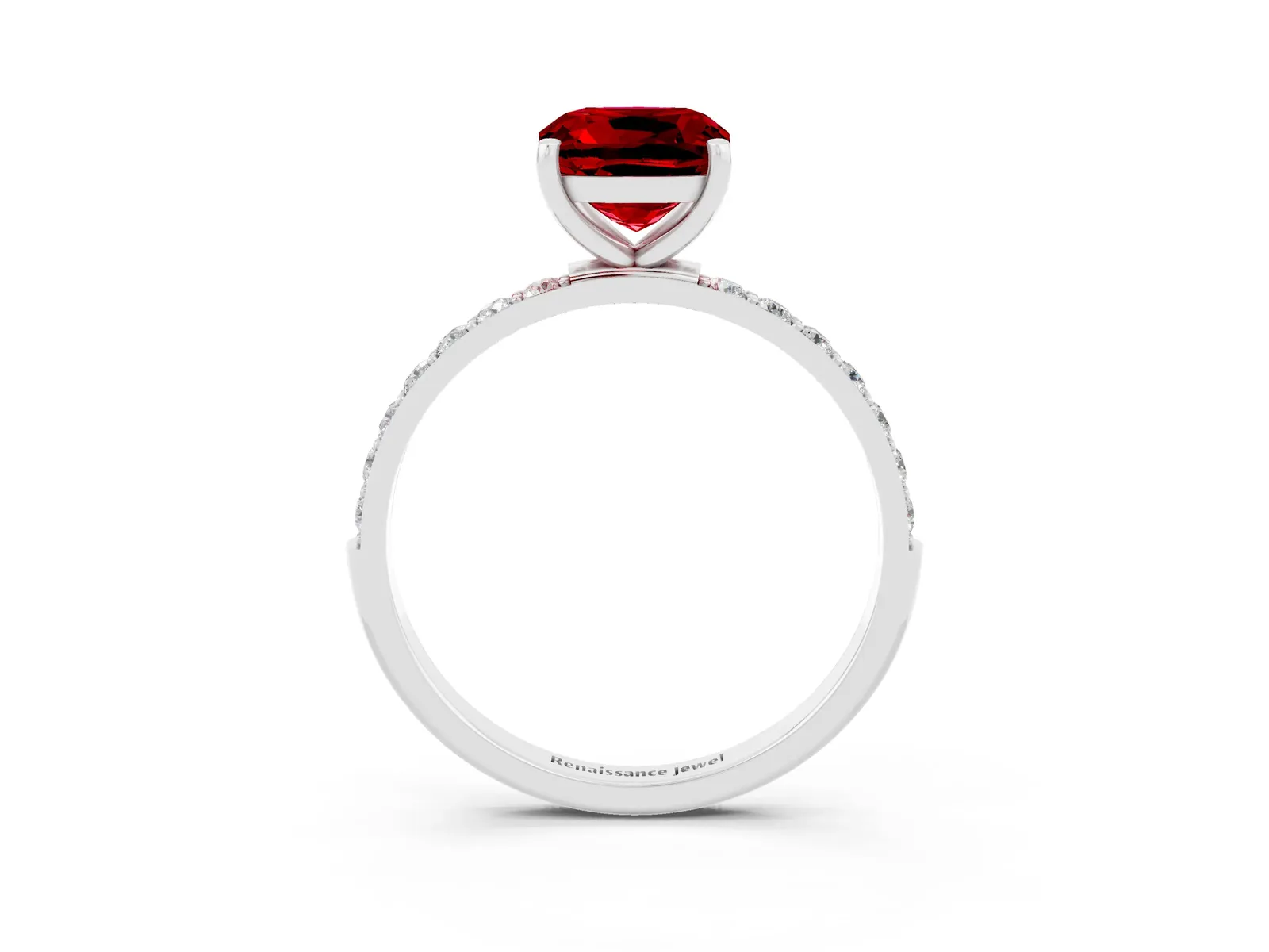 Cushion Cut Ruby Solitaire Ring with Round Pavé Band and Prong Setting Platinum