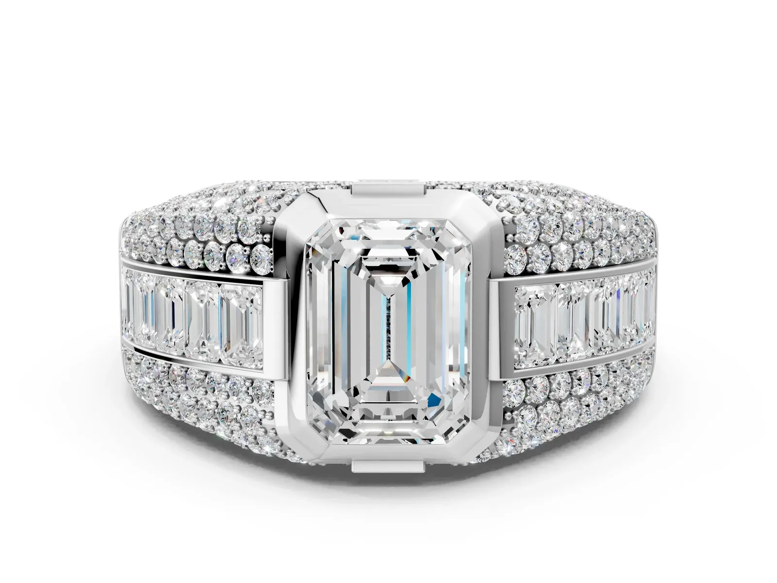 Emerald Cut Diamond Mens Ring with Side Stones Platinum