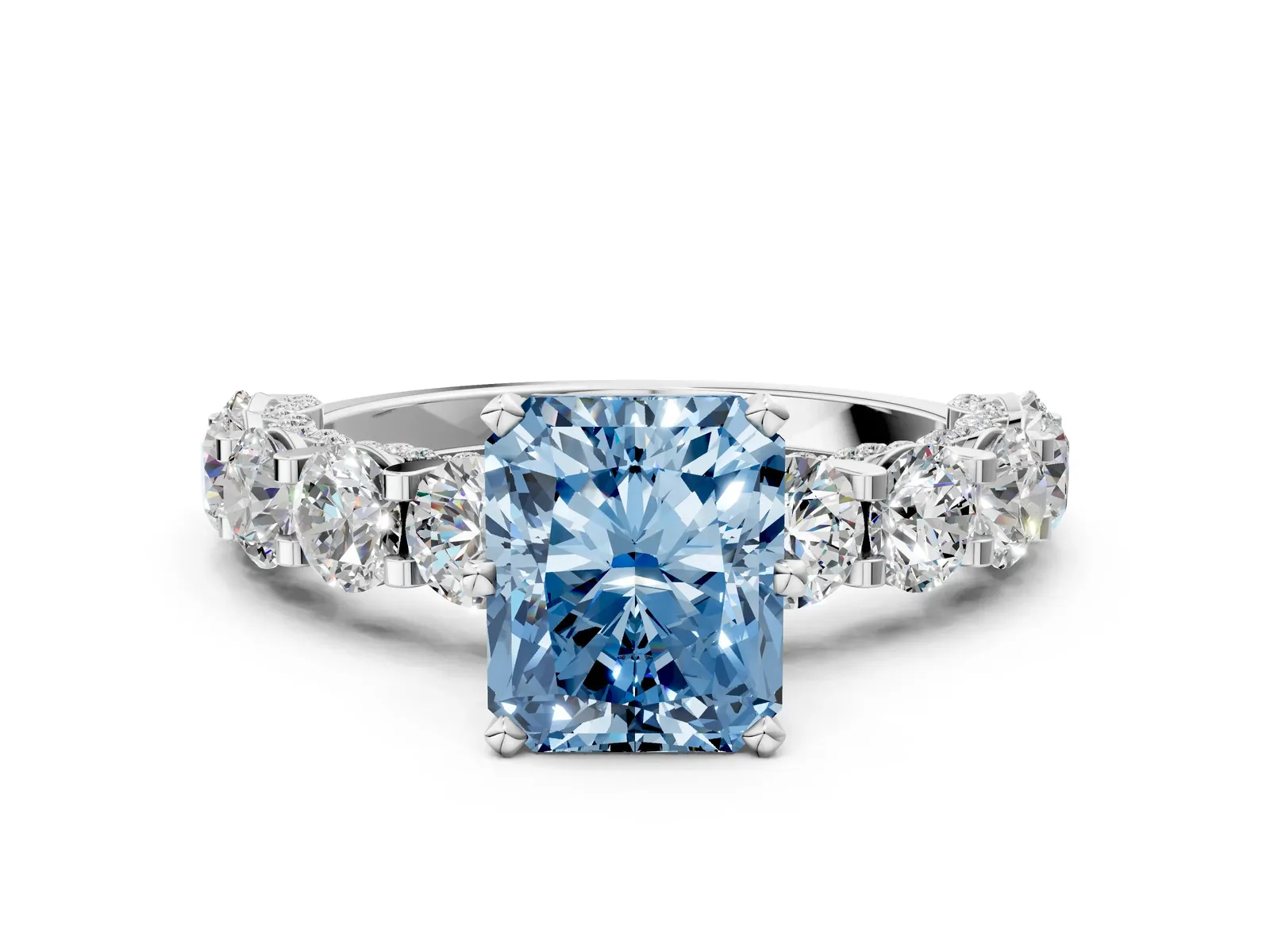 Fancy Blue Radiant Cut Diamond Side Stone Engagement Ring with Four-Prong Setting White gold